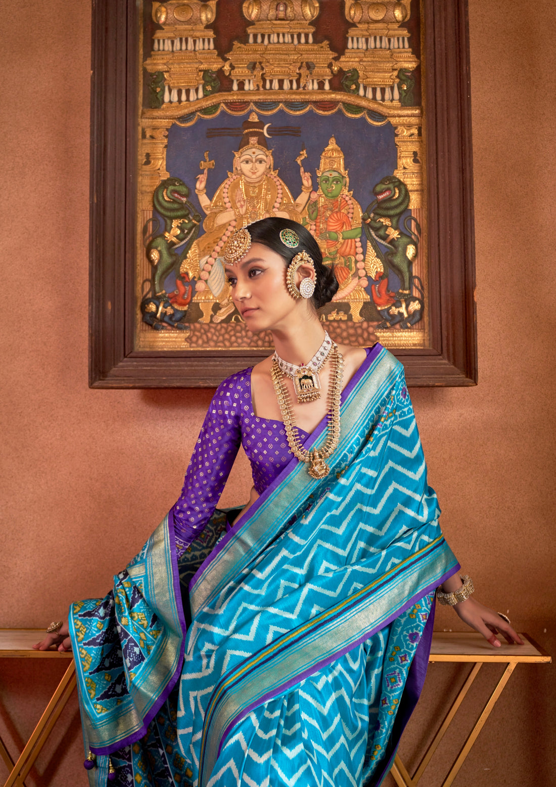 Blue and Pink Mercerized Sigma Silk Patola Saree with Gold Print and Kandora Belt