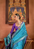 Blue and Pink Mercerized Sigma Silk Patola Saree with Gold Print and Kandora Belt