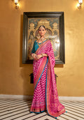 Pink and Blue Mercerized Sigma Silk Patola Saree with Gold Print and Kandora Belt