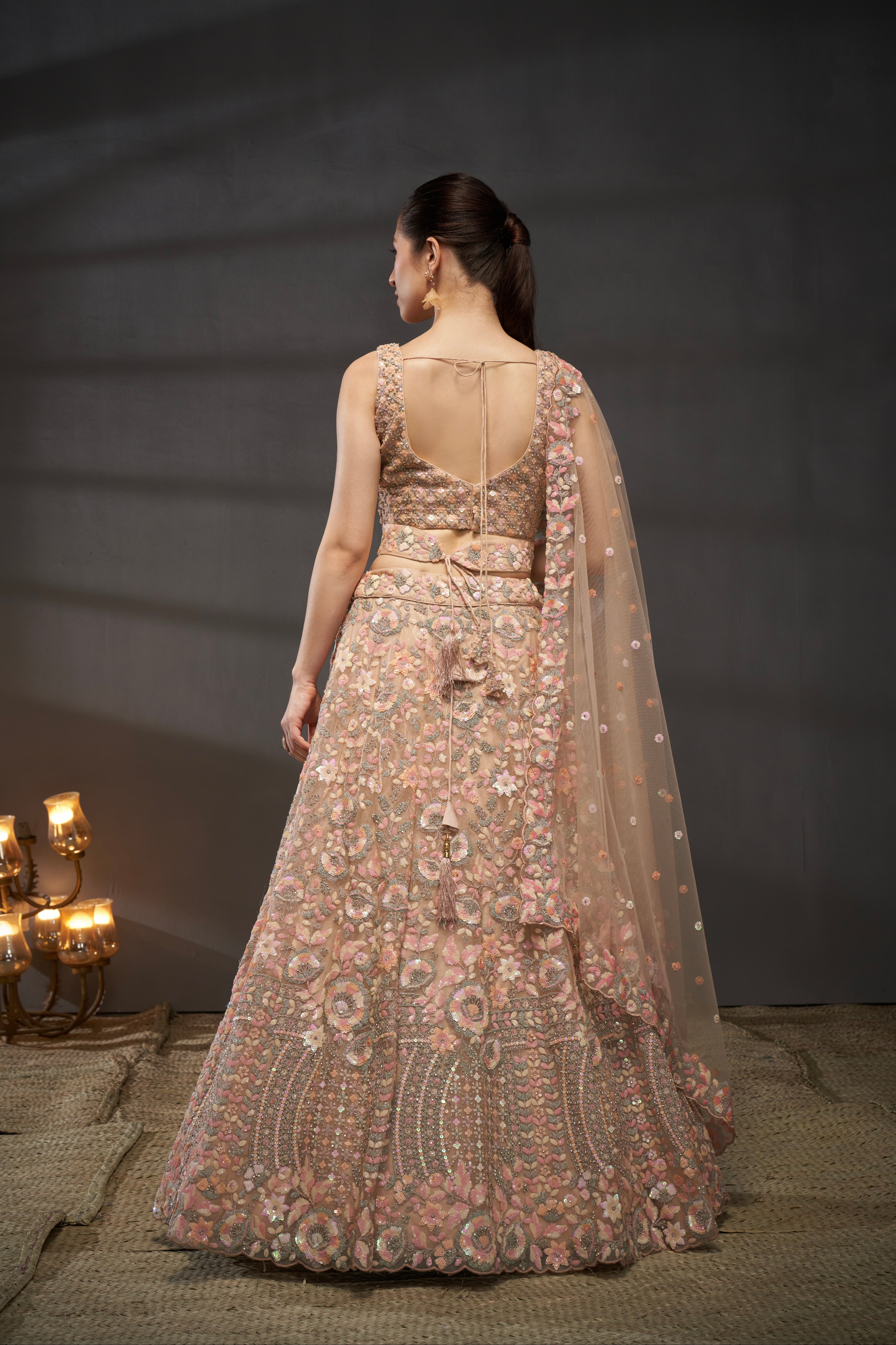 Peach Net Floral Sequins with Heavy Zarkan Embroidery Lehenga Choli & Dupatta