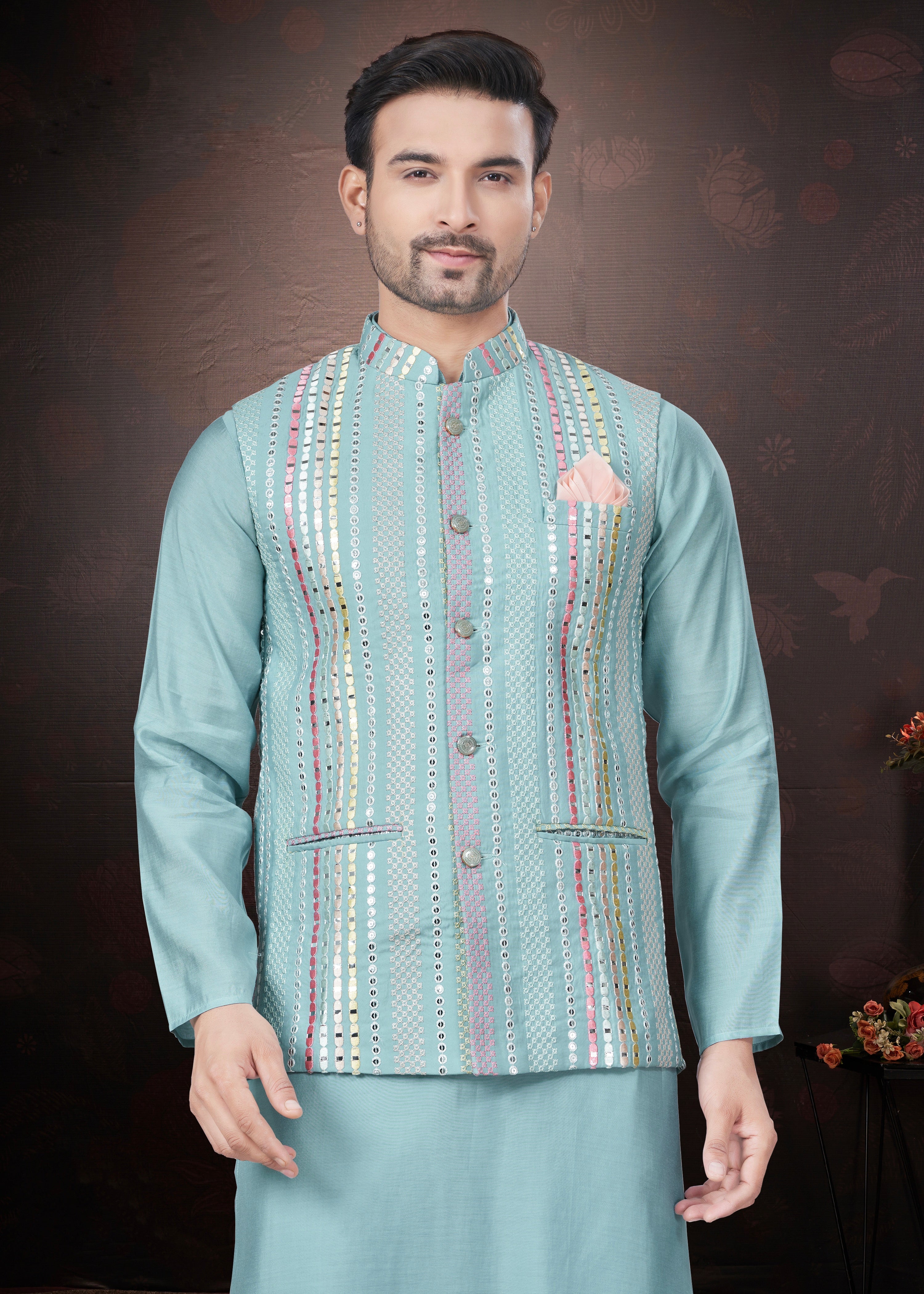Sky Blue Pure Silk Mirror Work Jacket Kurta Pajama Set