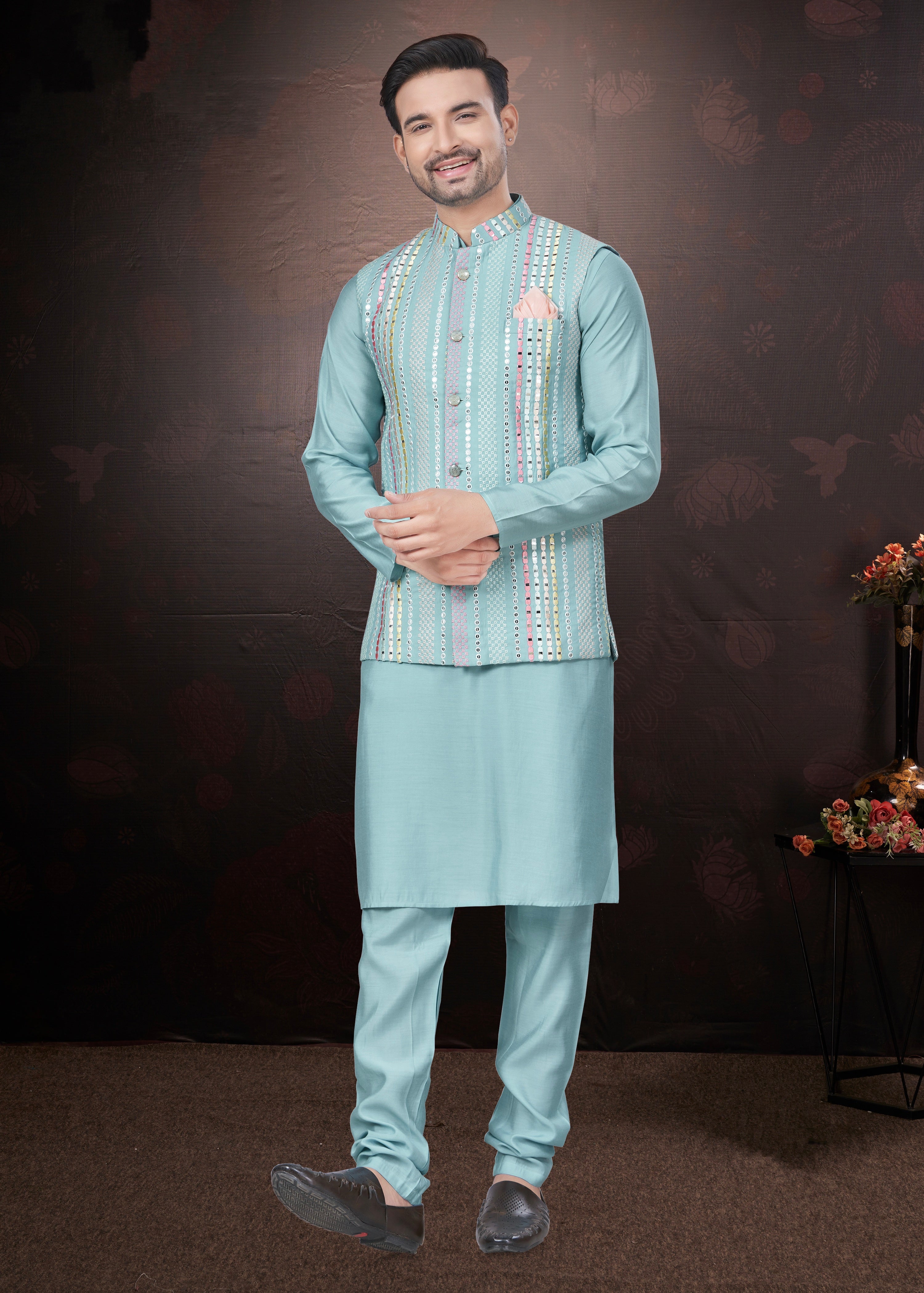 Sky Blue Pure Silk Mirror Work Jacket Kurta Pajama Set