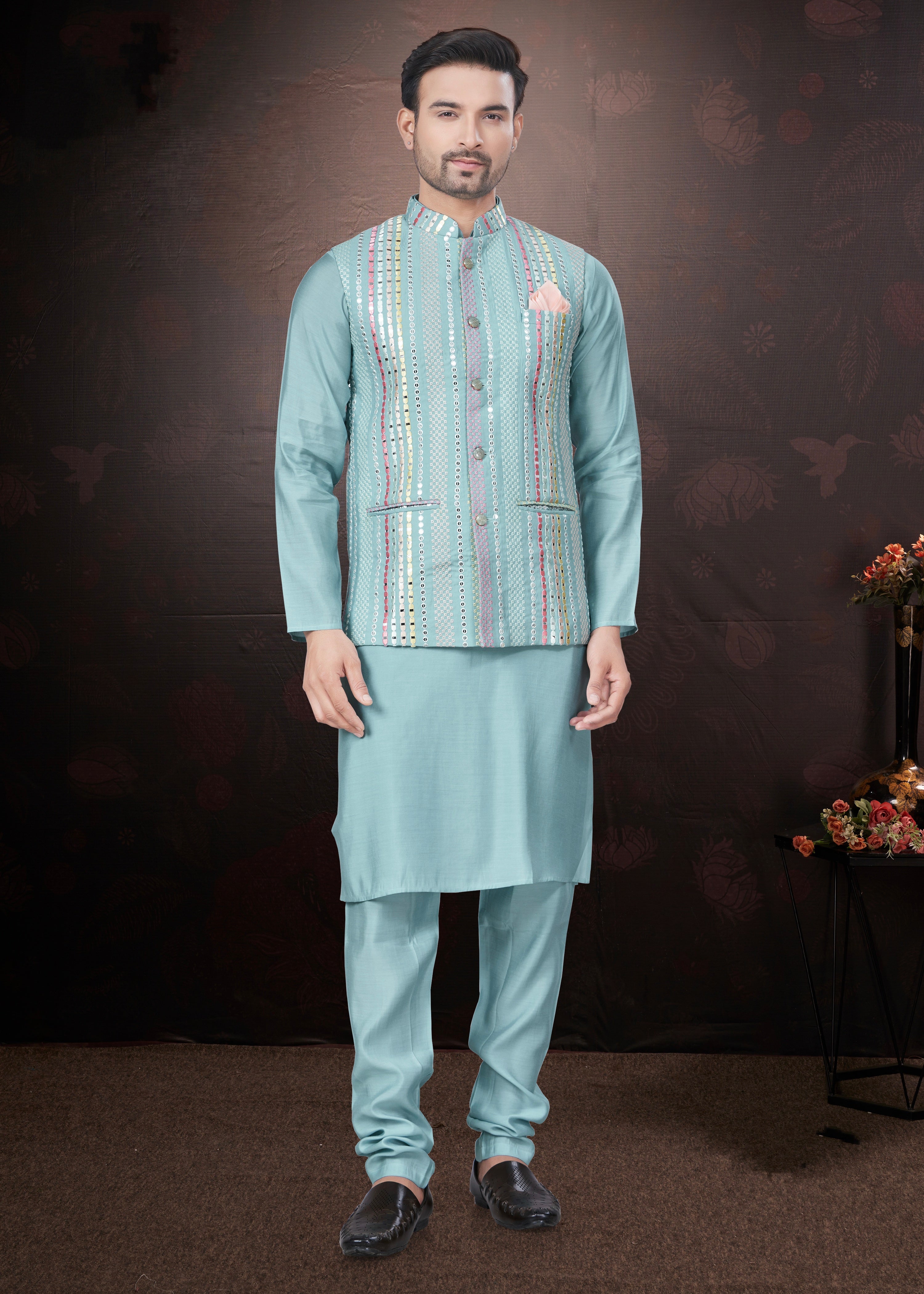 Sky Blue Pure Silk Mirror Work Jacket Kurta Pajama Set