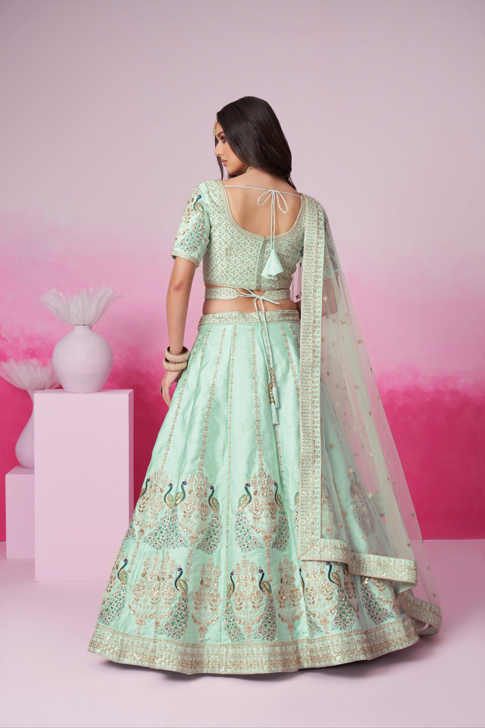 Sea Green Pure Silk Sequins Embroidery Bridal Lehenga Choli & Dupatta