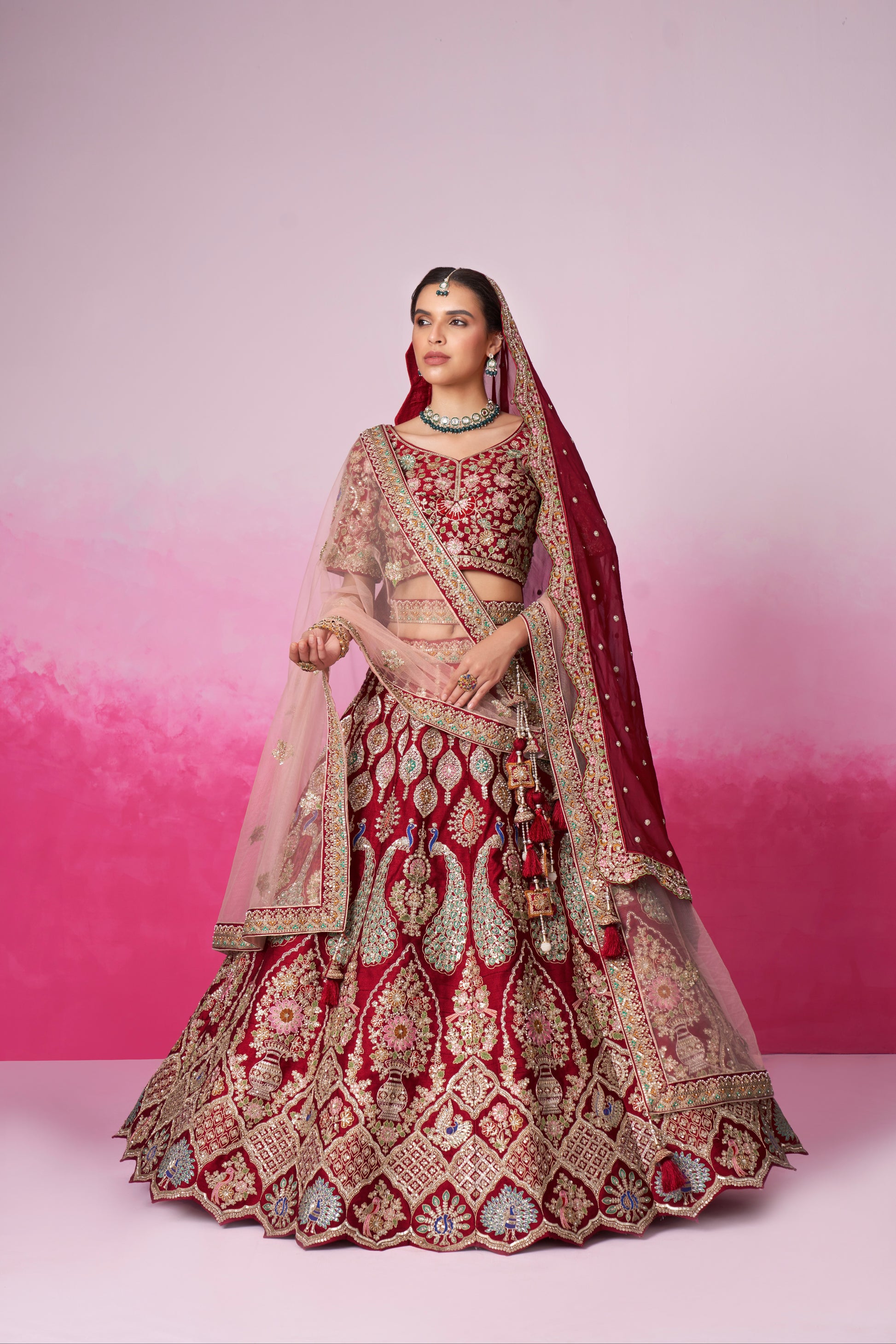 Red Pure Silk Sequins Embroidery Bridal Lehenga Choli & Dupatta