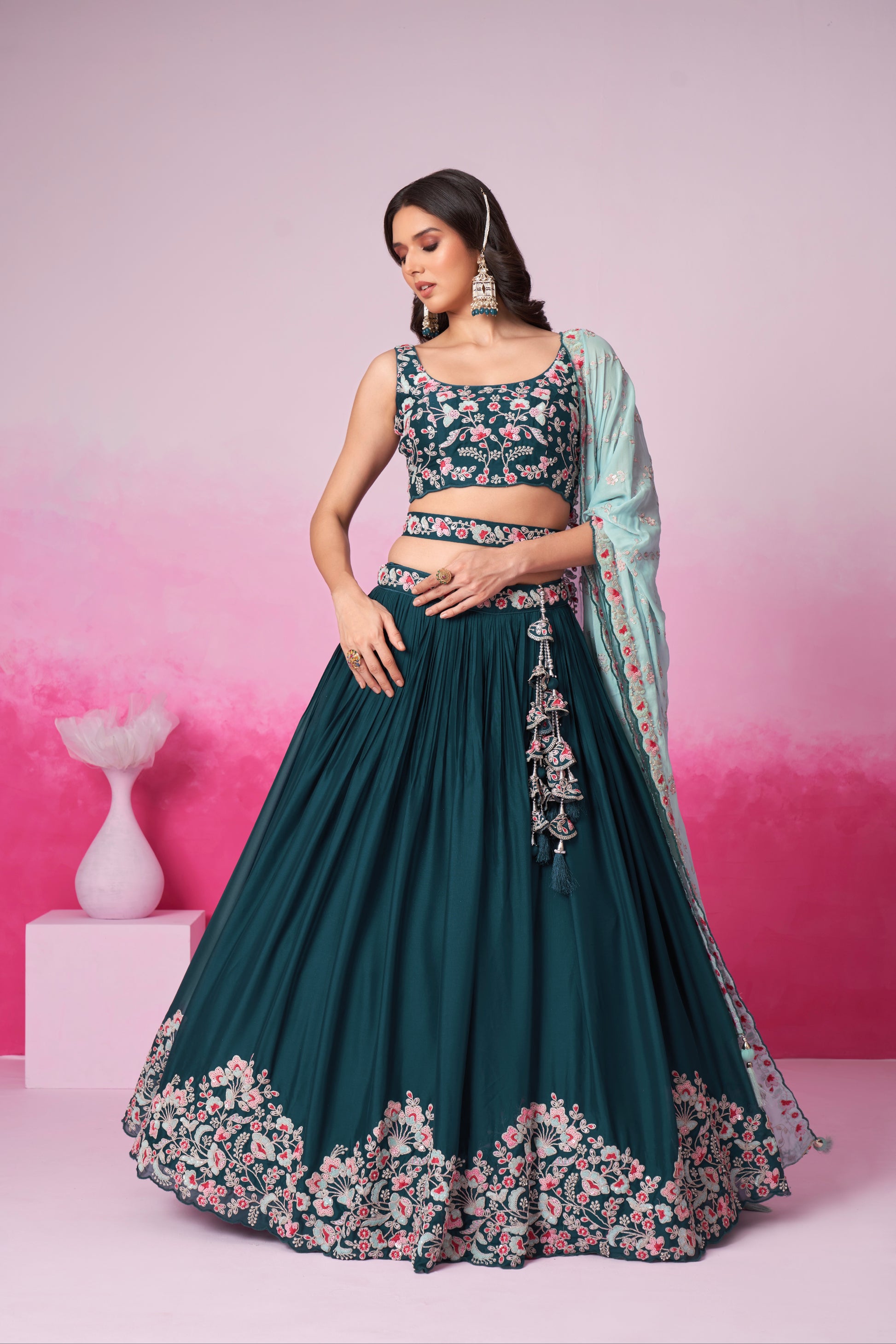 Teal Pure Georgette Sequin Embroidery Lehenga Choli & Dupatta