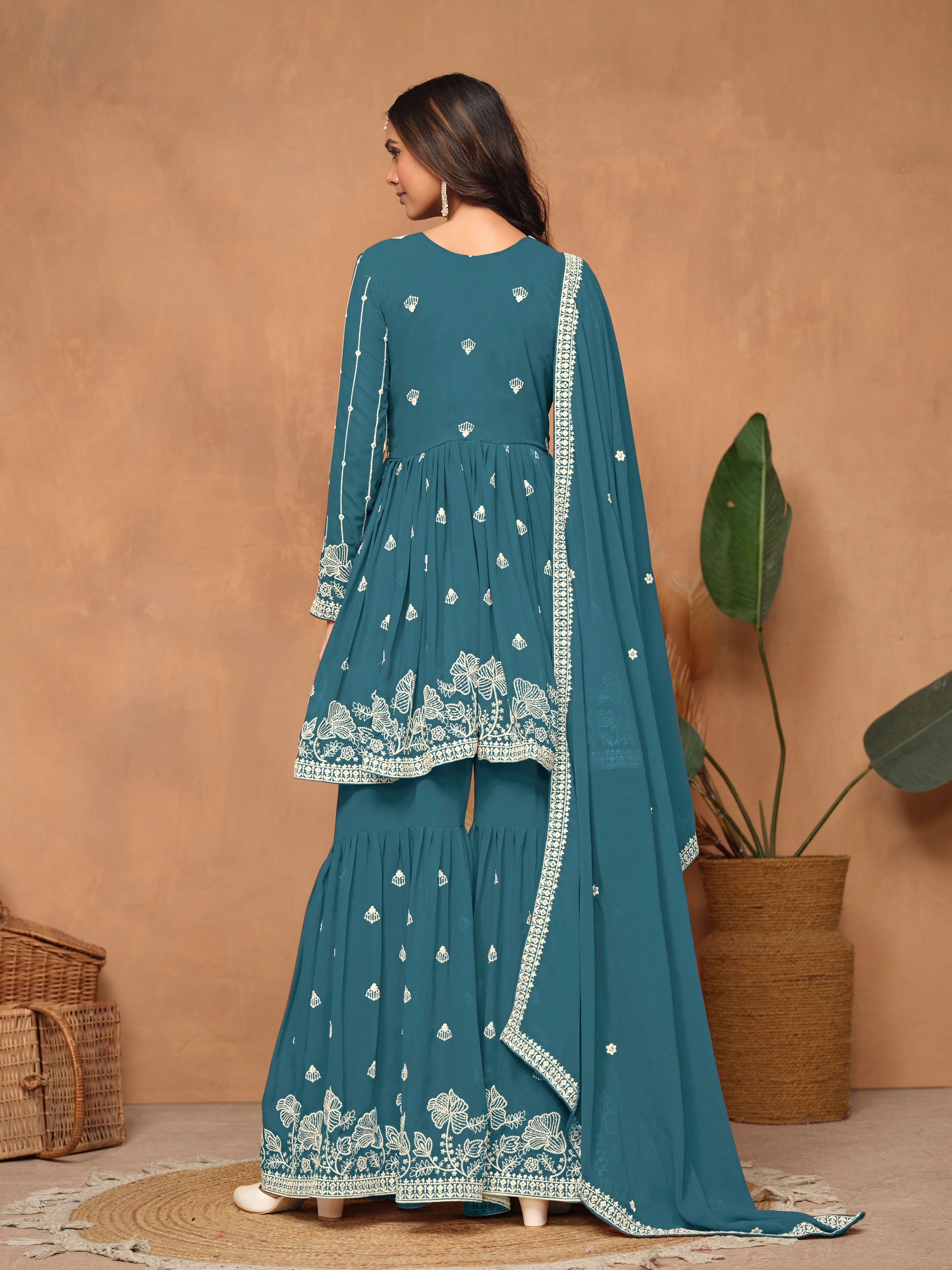Teal Blue Faux Georgette Embroidered Sharara Suit with Santoon Inner