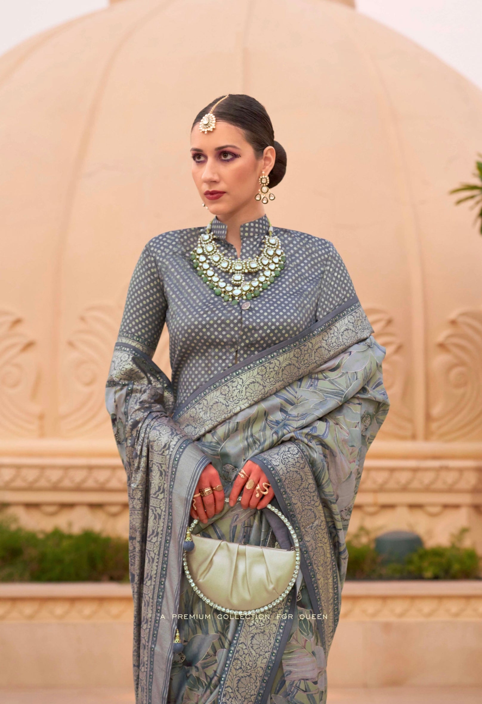 Sage Green Super Pv Silk Saree with Floral Print and Matching Blouse