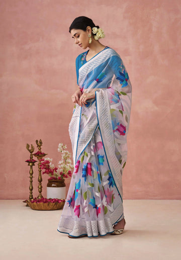 Sky Blue Soft Brasso Organza Saree with Floral Print and Piping Work