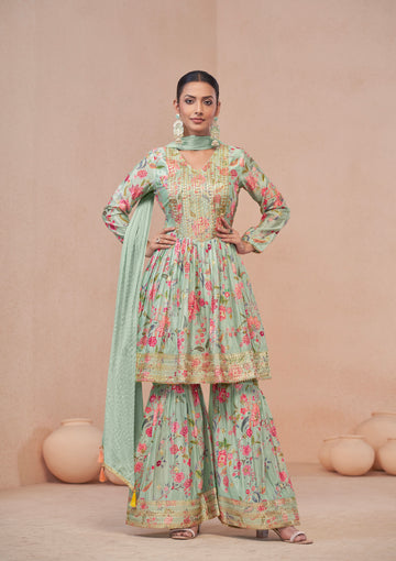 Mint Green Floral Chinon Print Anarkali Suit with Dupatta