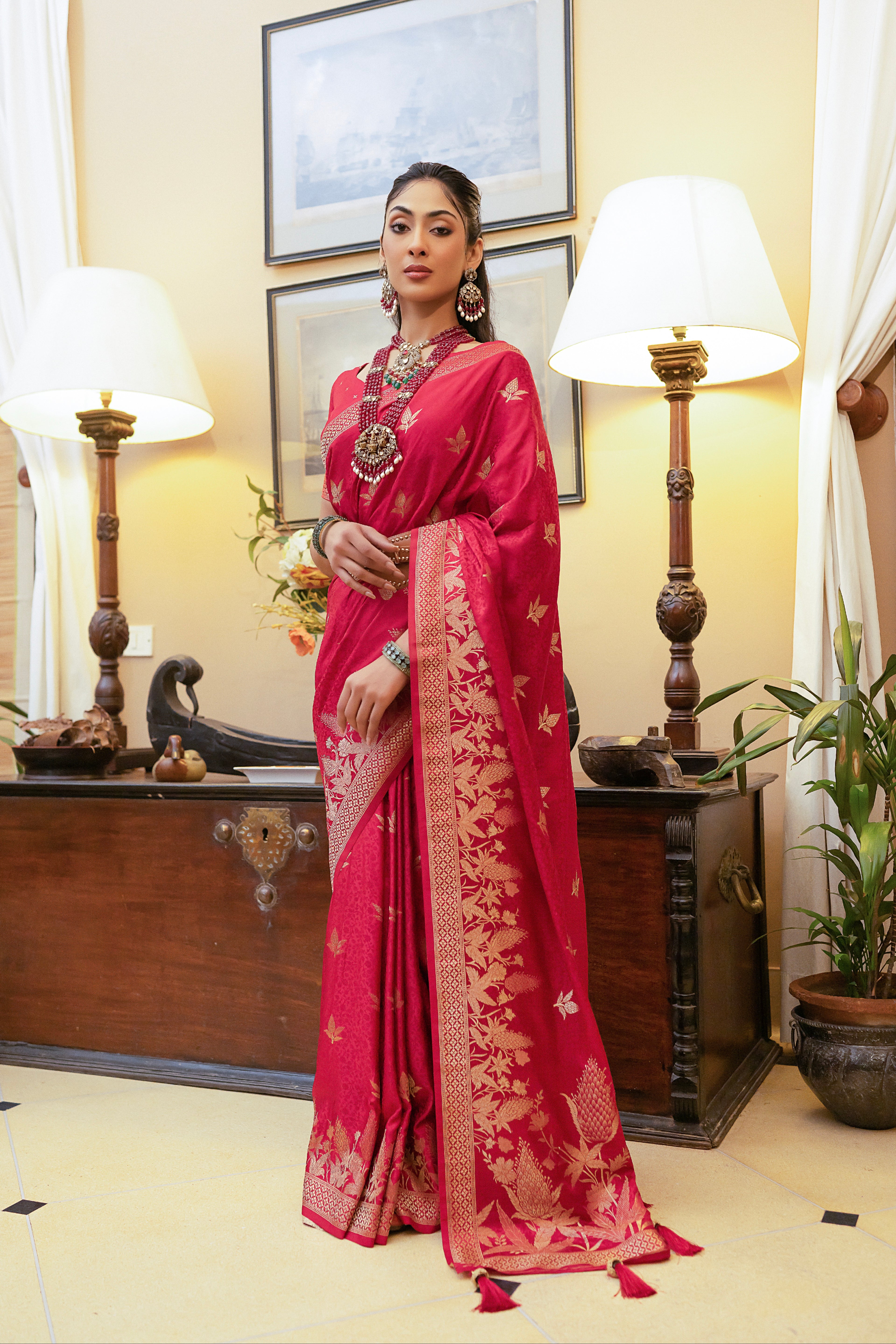 Red Satin Silk Saree with Intricate Zari Weaving and Satin Silk Blouse