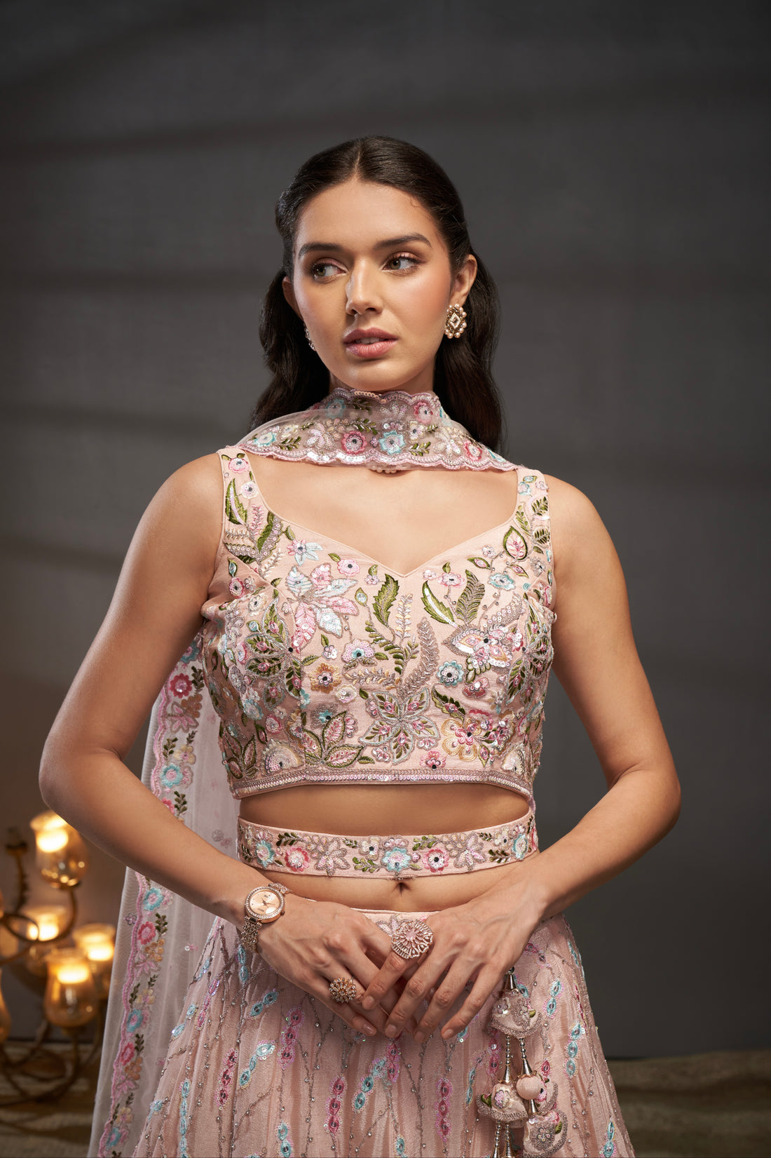 Peach Pure Chiffon & Heavy Embroidery Bridal Lehenga & Dupatta