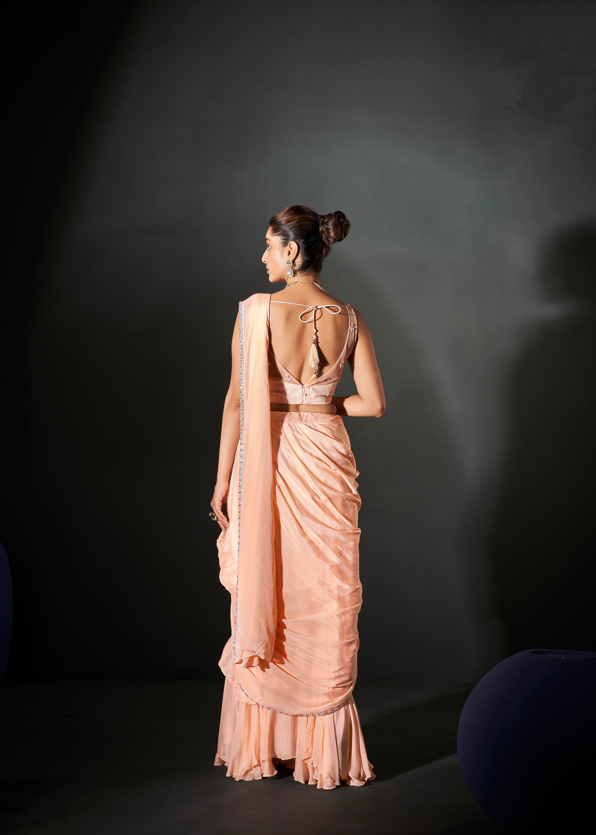 Peach Ready-to-Wear Georgette Chiffon Saree & Hand Embroidered Blouse