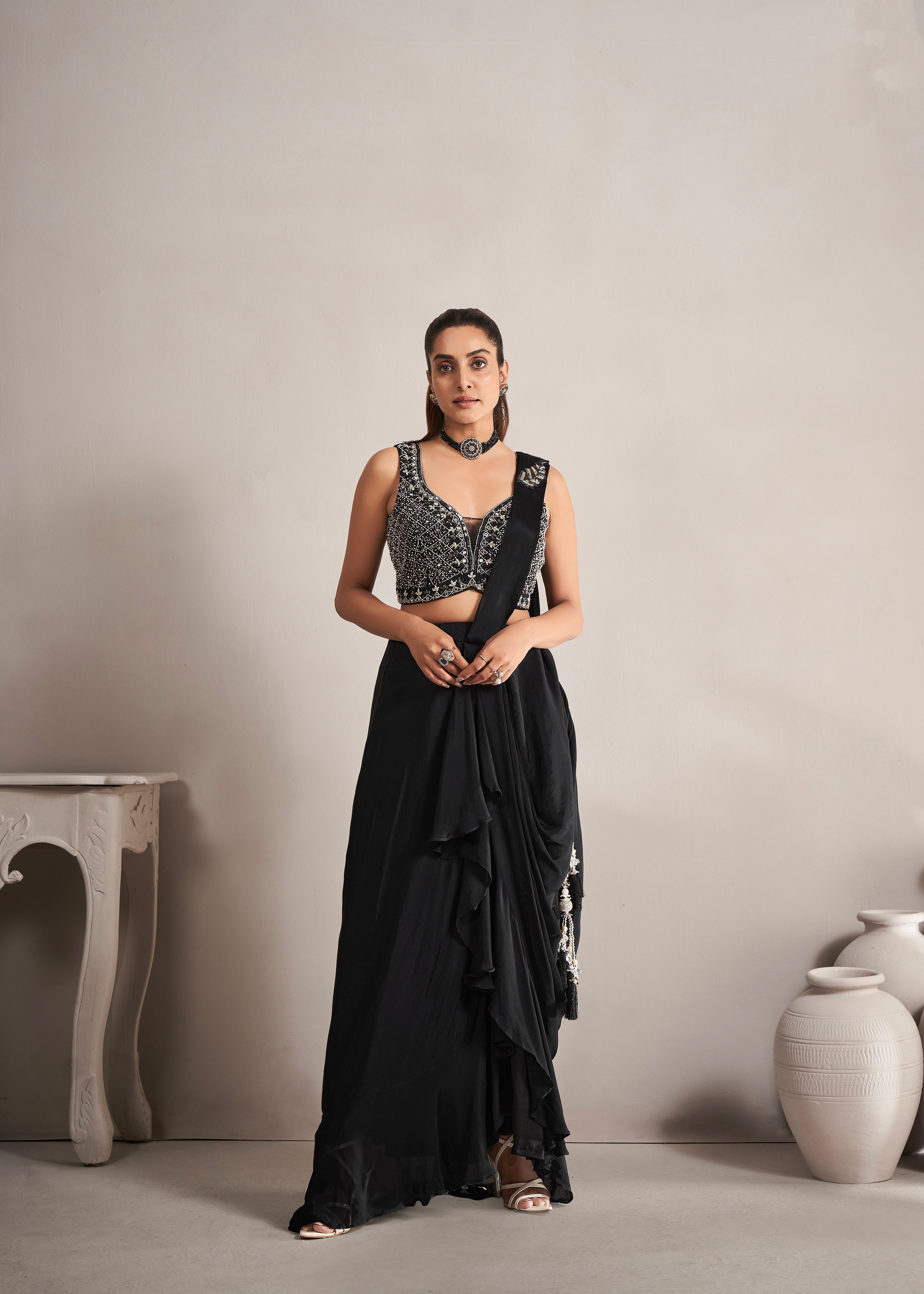 Black Ready to Wear Georgette Saree with Mirror and Beads Work
