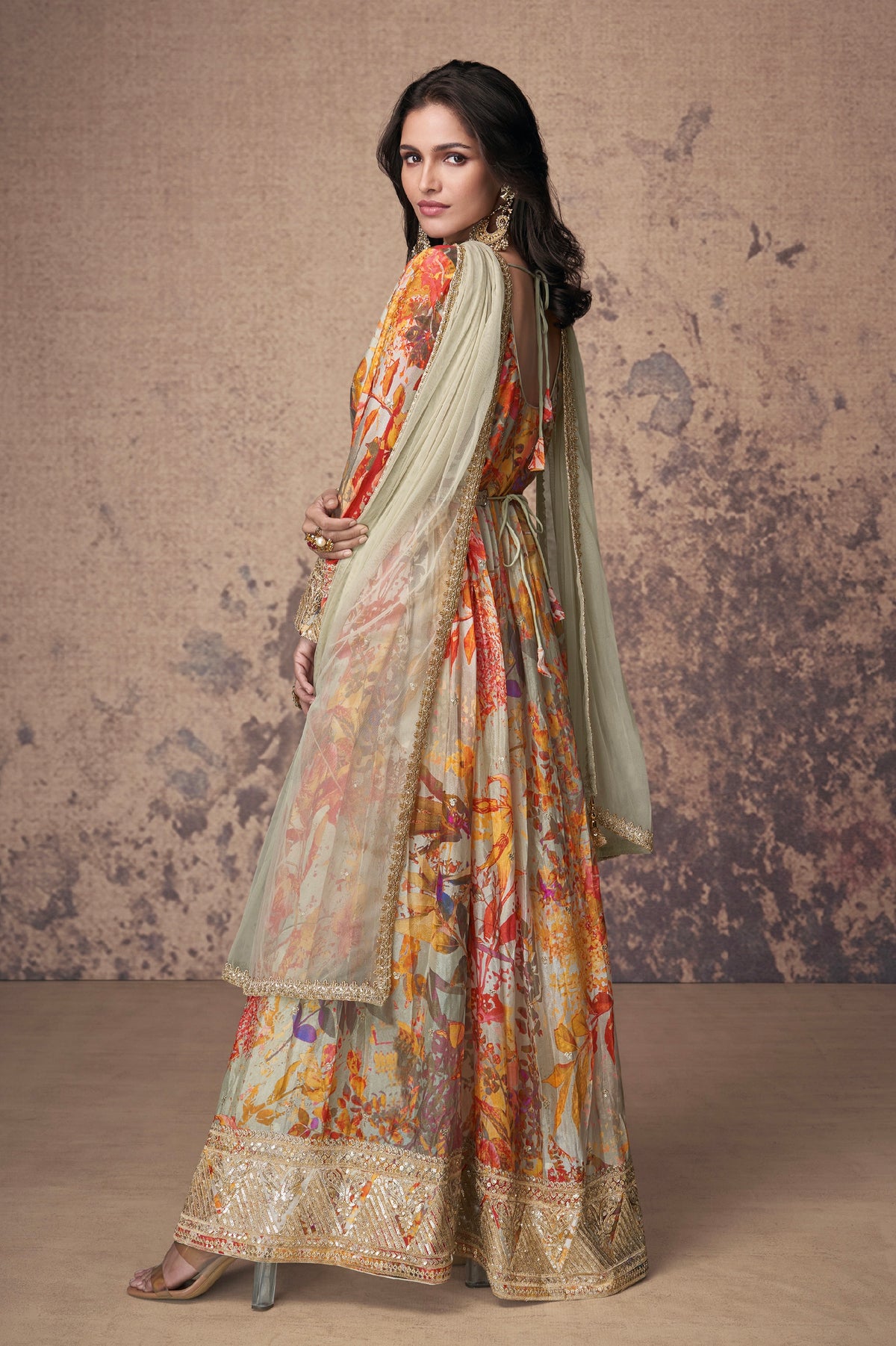 Multicolor Embroidered Georgette Anarkali Suit with Net Dupatta