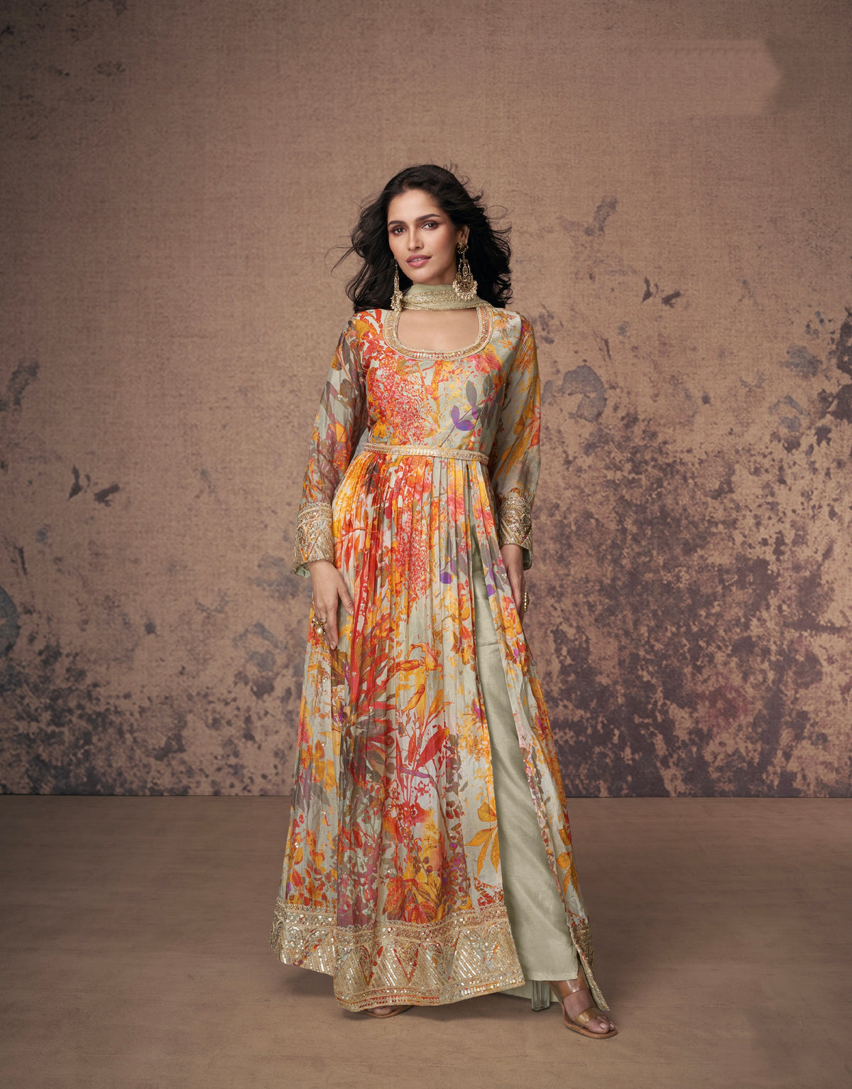 Multicolor Embroidered Georgette Anarkali Suit with Net Dupatta
