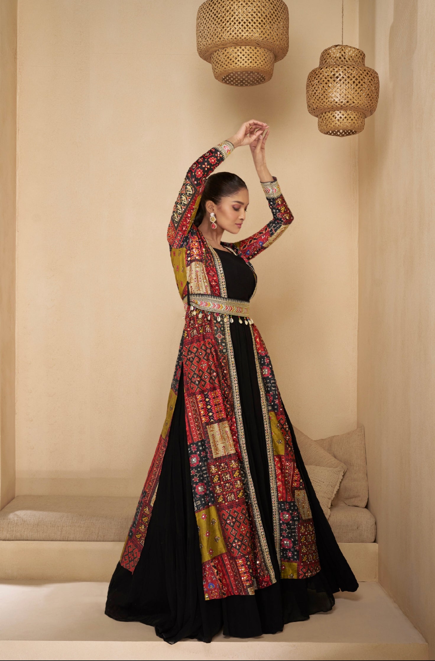 Black Anarkali Suit with Red Multicolor Shrug & Hand-Embellished Work