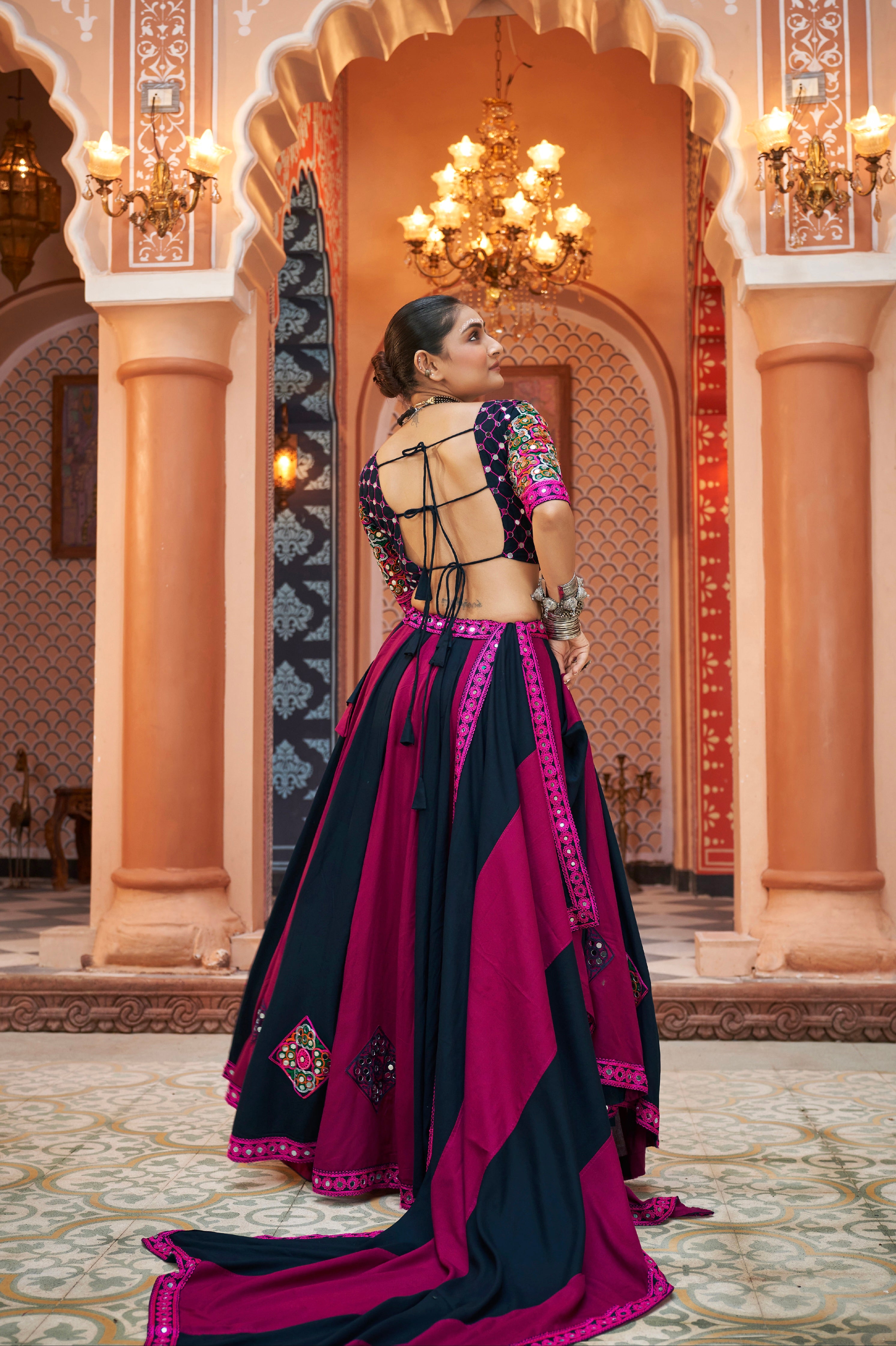 Deep Purple and Pink Embroidered Chaniya Choli with Mirror Work