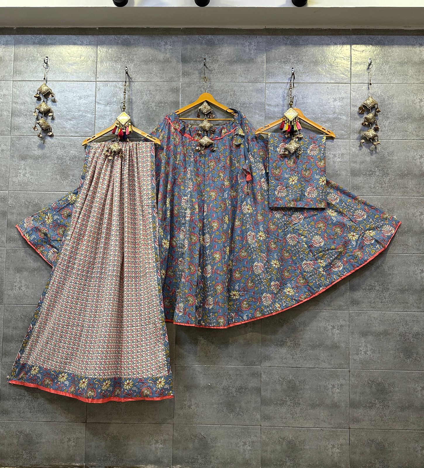 Pure Camric Cotton Chaniya Choli with Heavy Kali Pattern (Grey Floral)