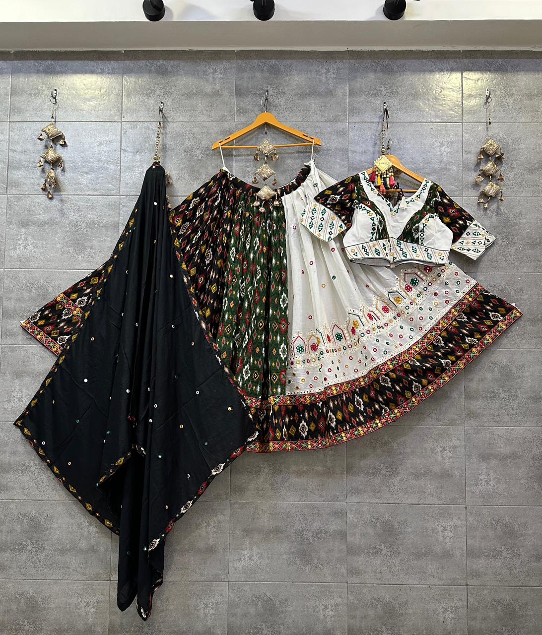 Pure Ikkat Cotton Half-Half Chaniya Choli with Black Dupatta