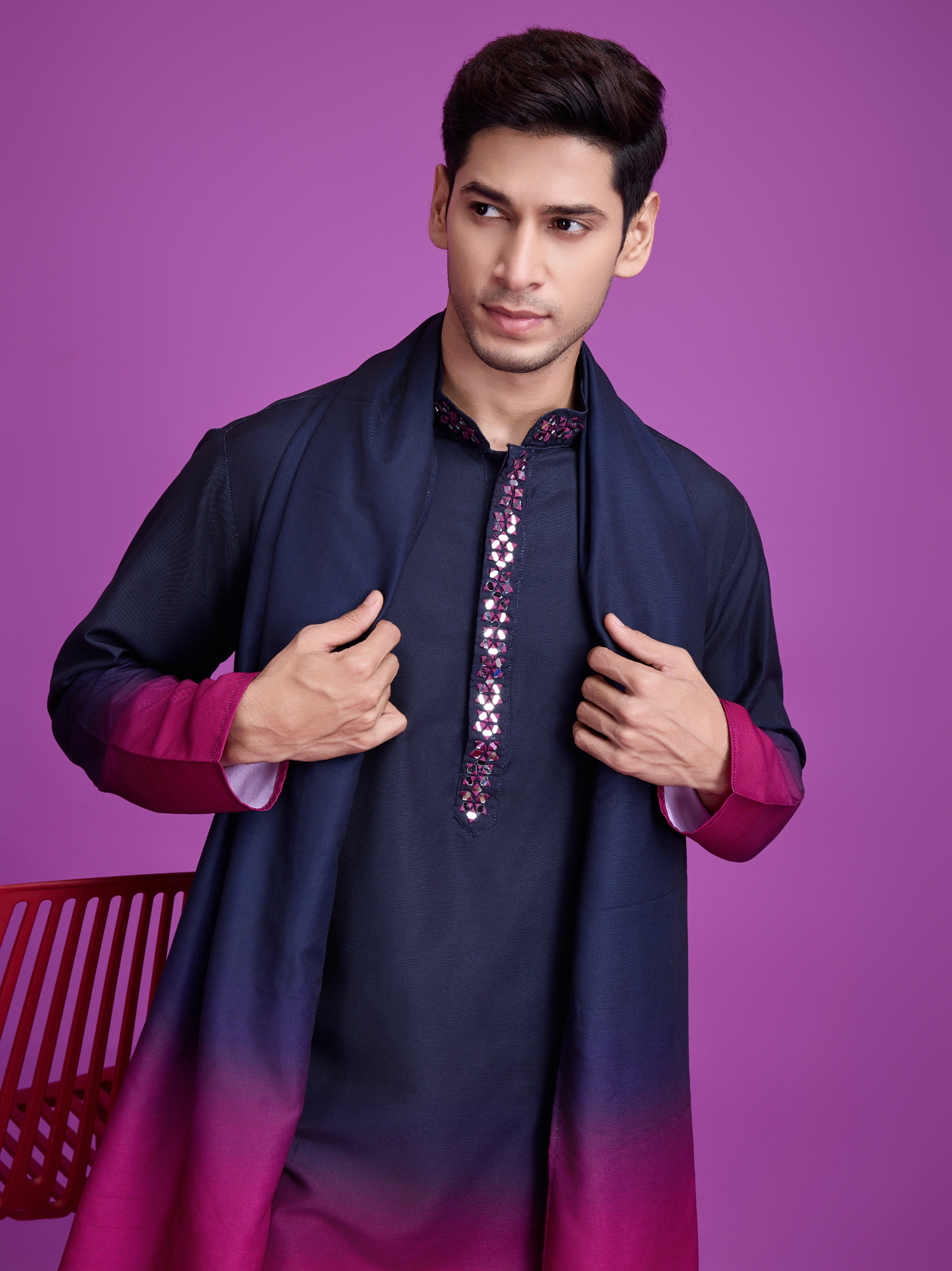 Navy Blue & Rani Kurta Dupatta Set with Hand Mirror Work