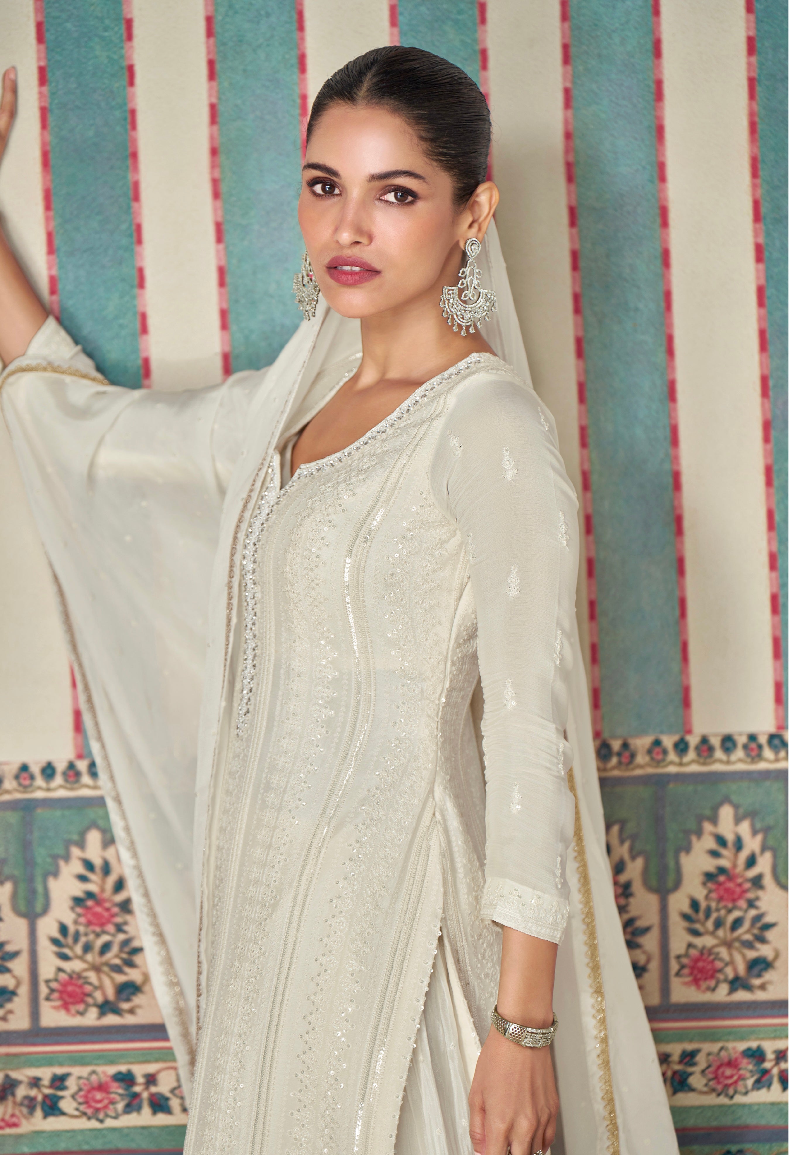 Off-White Premium Chinon Silk Embroidered Sharara Set