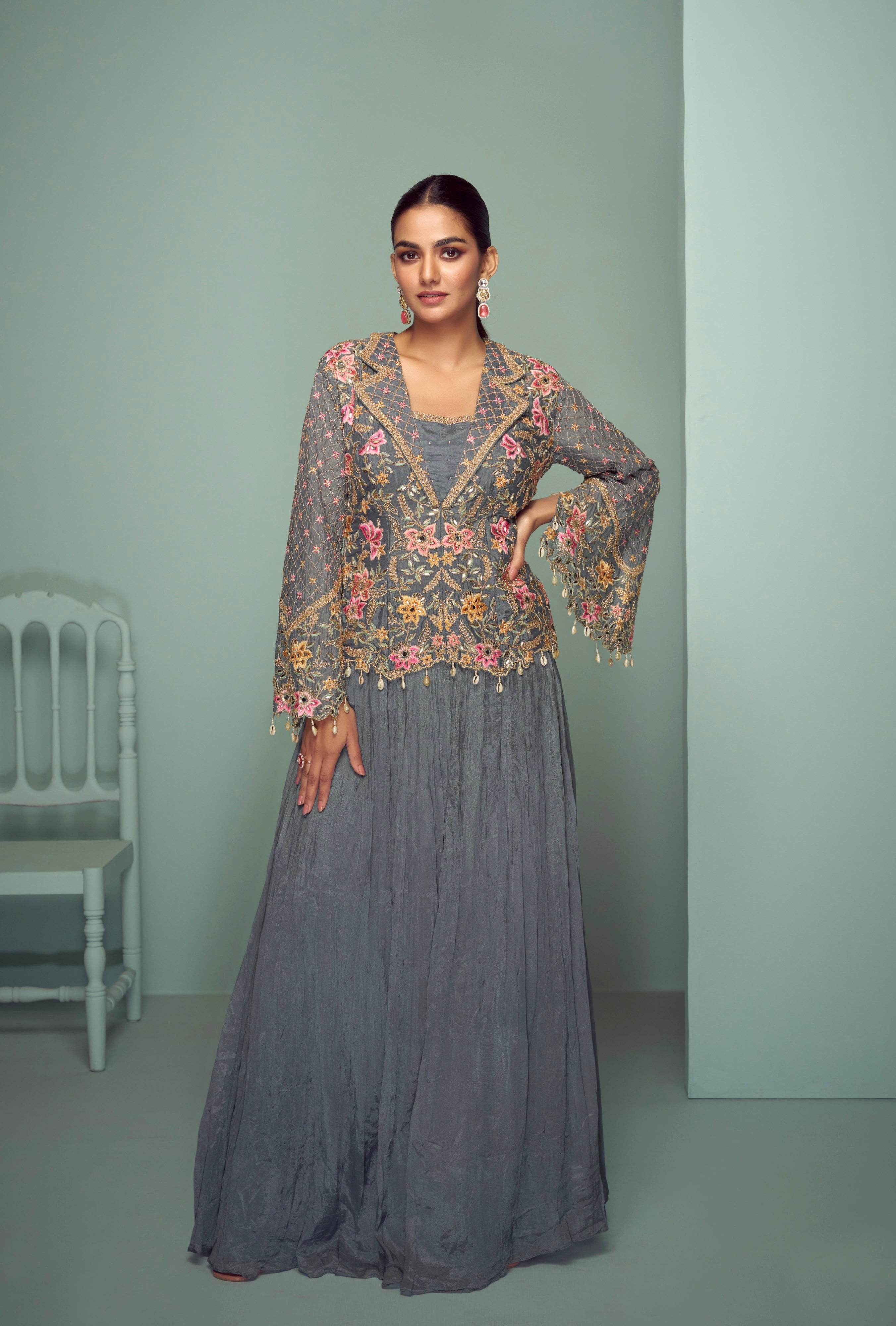 Slate Grey Sharara Suit with Intricate Embroidery | Buy Online at Anant Exports Slate Grey Sharara Suit with Intricate Embroidery | Buy Online at Anant Exports