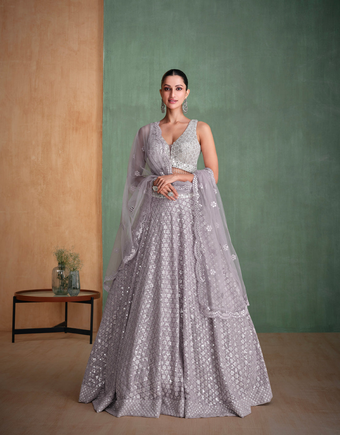 Silver Grey Sequined Georgette Bridal Lehenga with Modern Embroidery