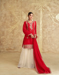 Red Chinon Silk Embroidered Sharara Suit with Striped Dupatta