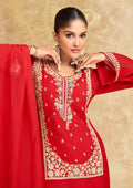 Red Chinon Silk Embroidered Sharara Suit with Striped Dupatta