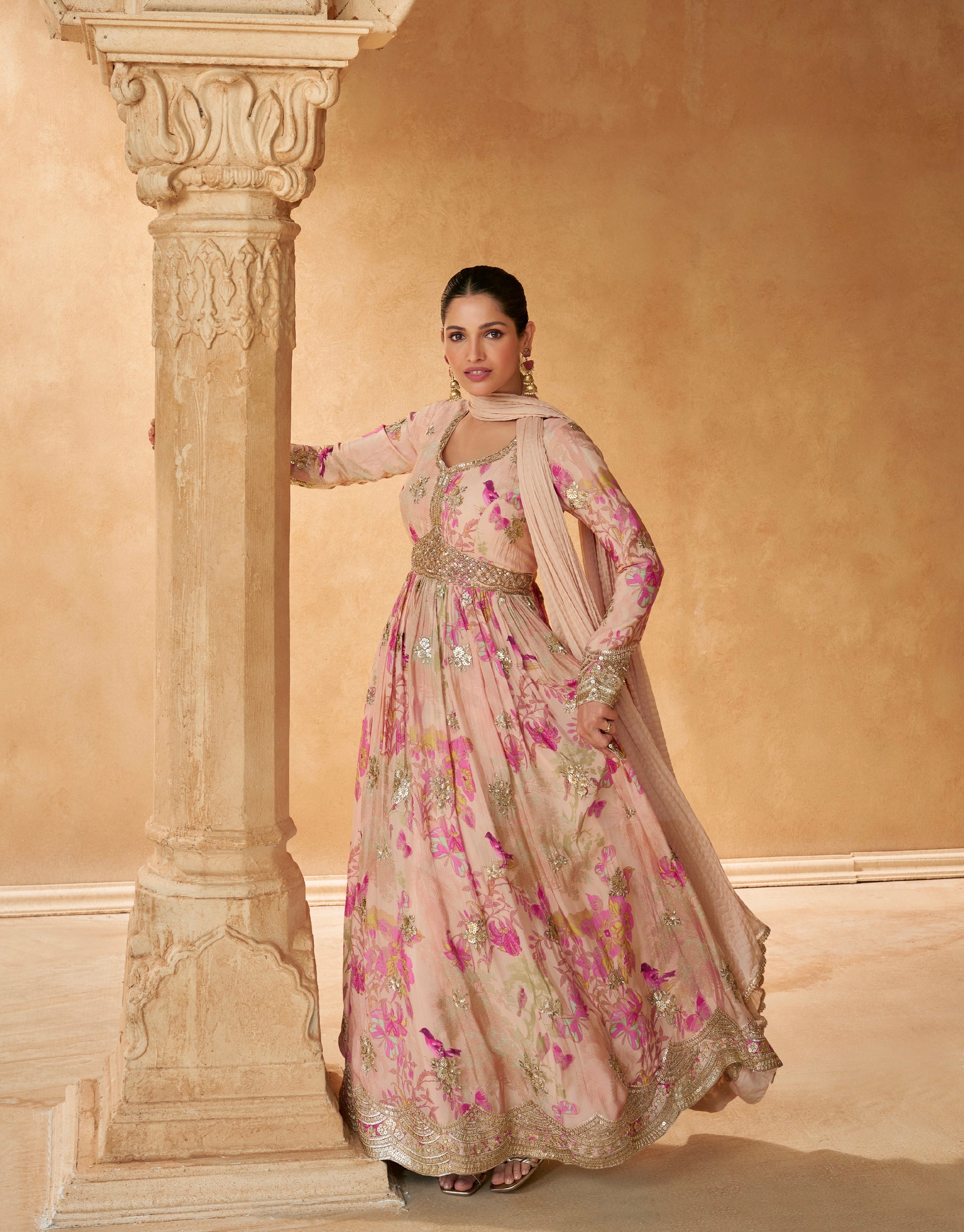 Soft Pink Floral Gown with Chinon Silk and Embroidered Details