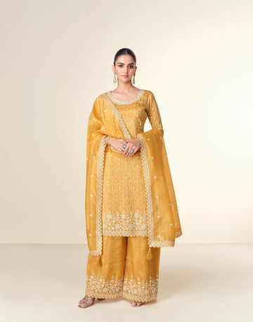 Mustard Yellow Premium Tissue Crush Palazzo Suit with White Embroidery