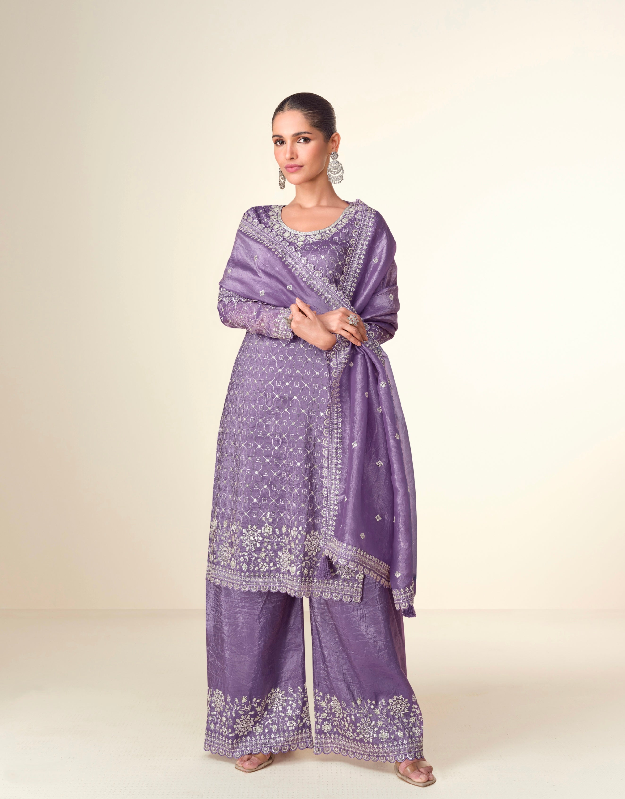 Lavender Premium Tissue Crush Palazzo Suit with White Embroidery