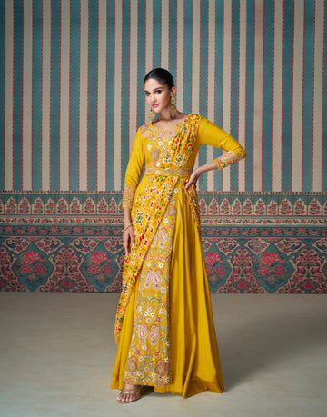 Yellow Embroidered Silk Anarkali Gown with Asymmetrical Draping