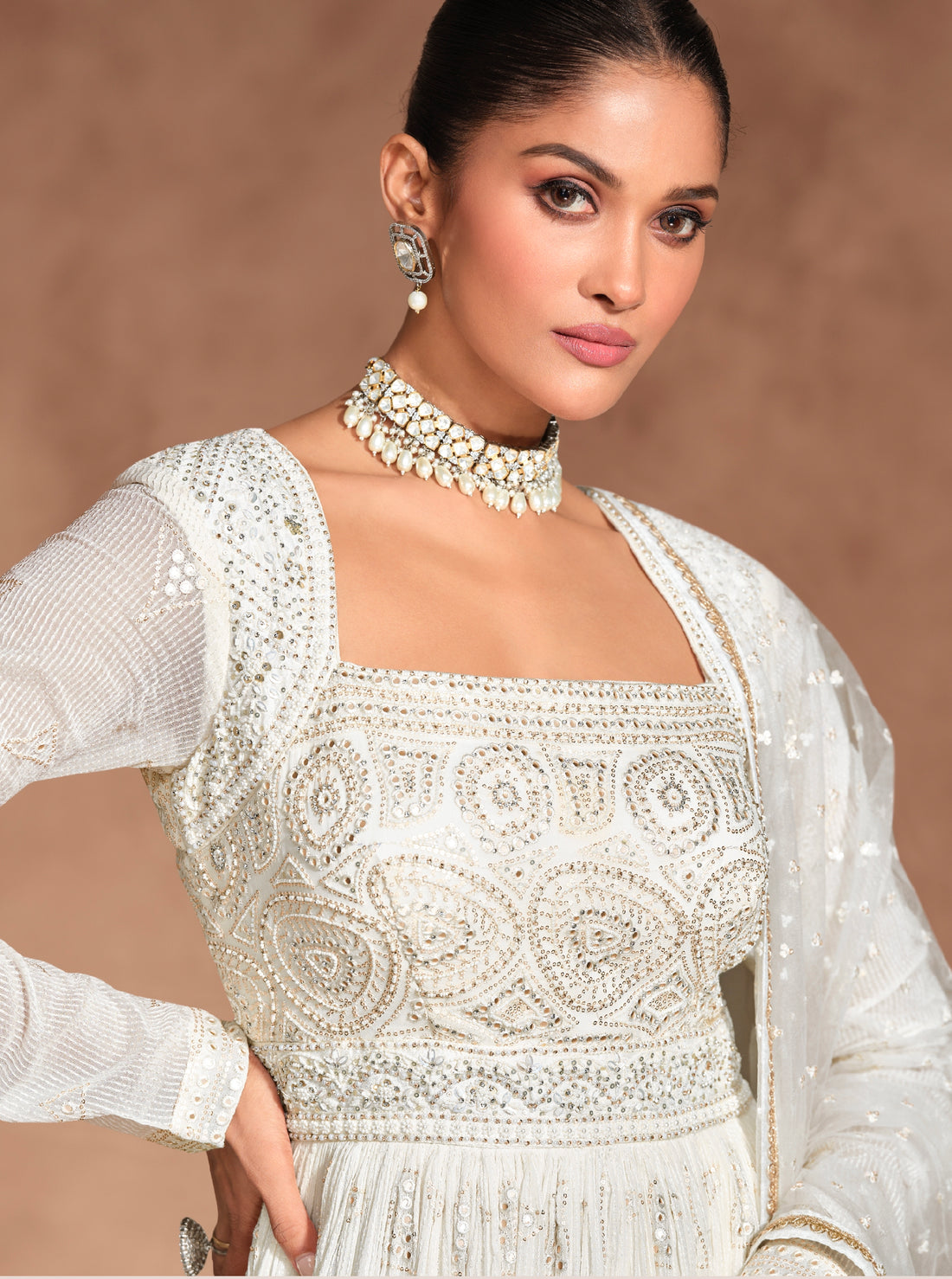Ivory Georgette Chikankari Embroidered Anarkali Gown with Dupatta
