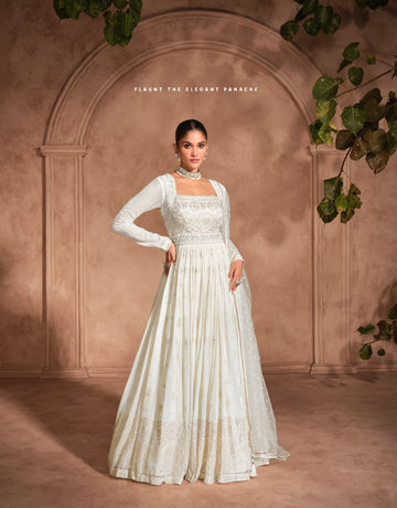 Ivory Georgette Chikankari Embroidered Anarkali Gown with Dupatta