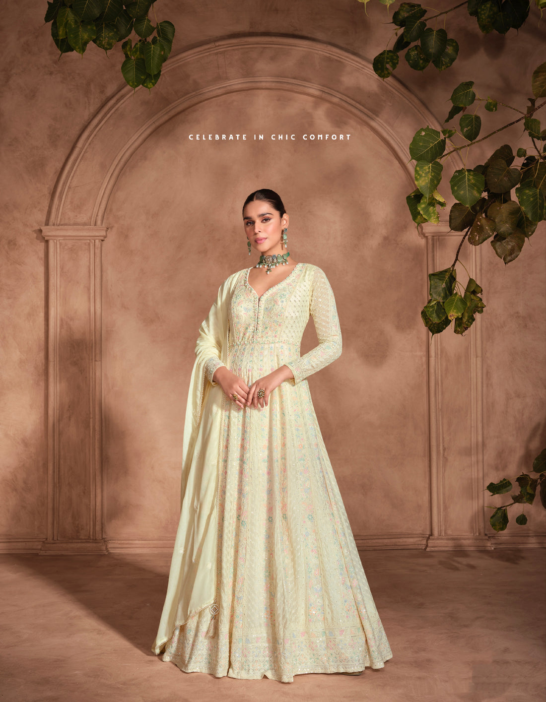 Yellow Chikankari Embroidered Chinon Silk Anarkali Gown with Dupatta