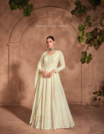 Yellow Chikankari Embroidered Chinon Silk Anarkali Gown with Dupatta