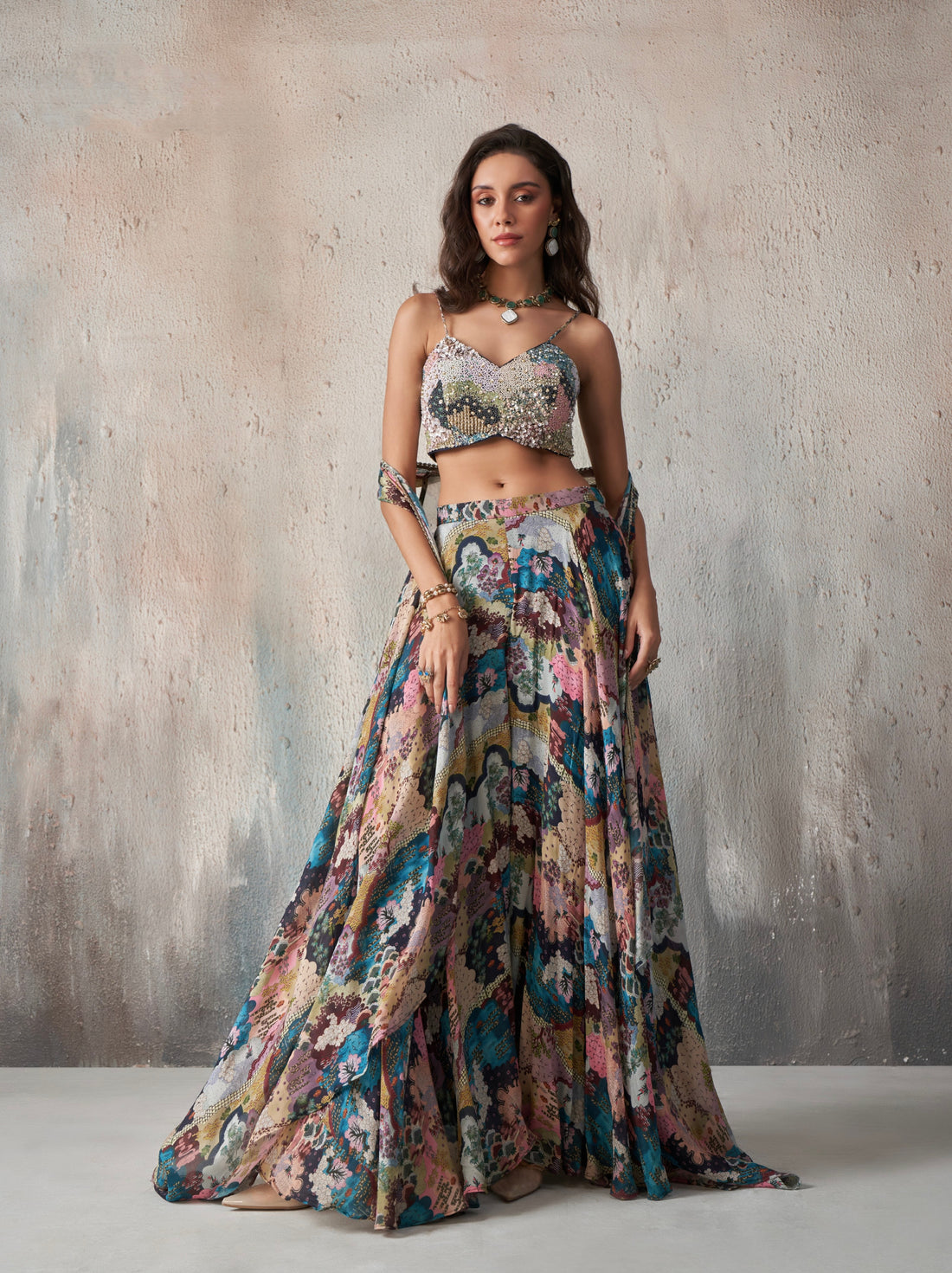 Floral Khatli Work Lehenga Set with Vibrant Multicolor Print