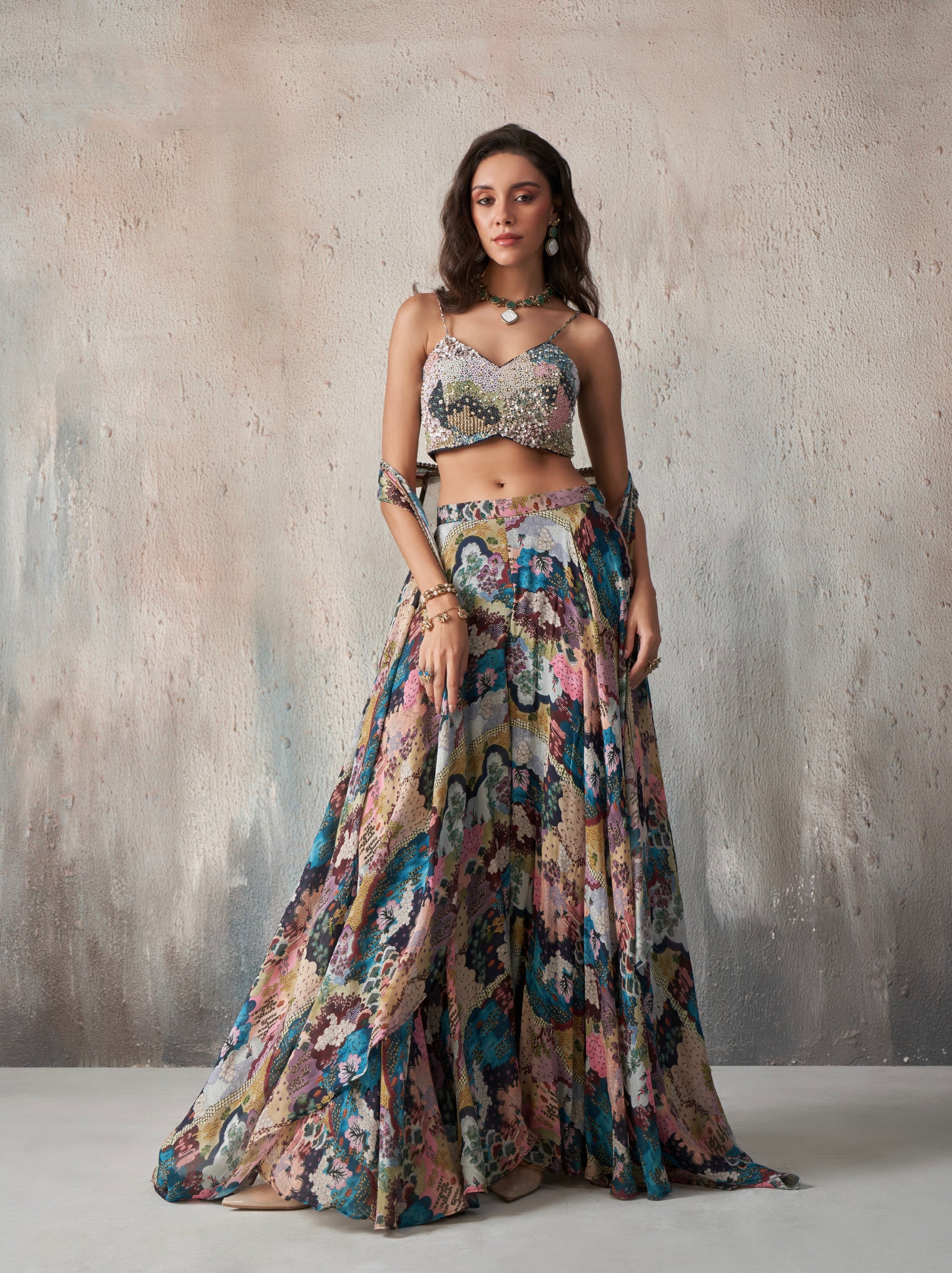 Floral Khatli Work Lehenga Set with Vibrant Multicolor Print