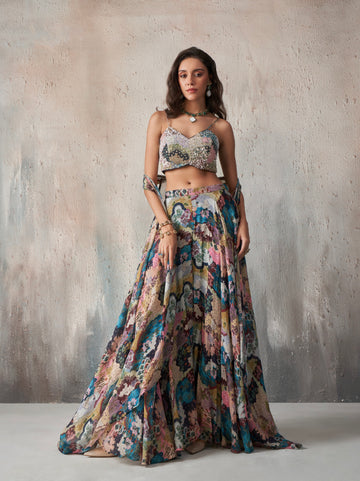 Floral Khatli Work Lehenga Set with Vibrant Multicolor Print