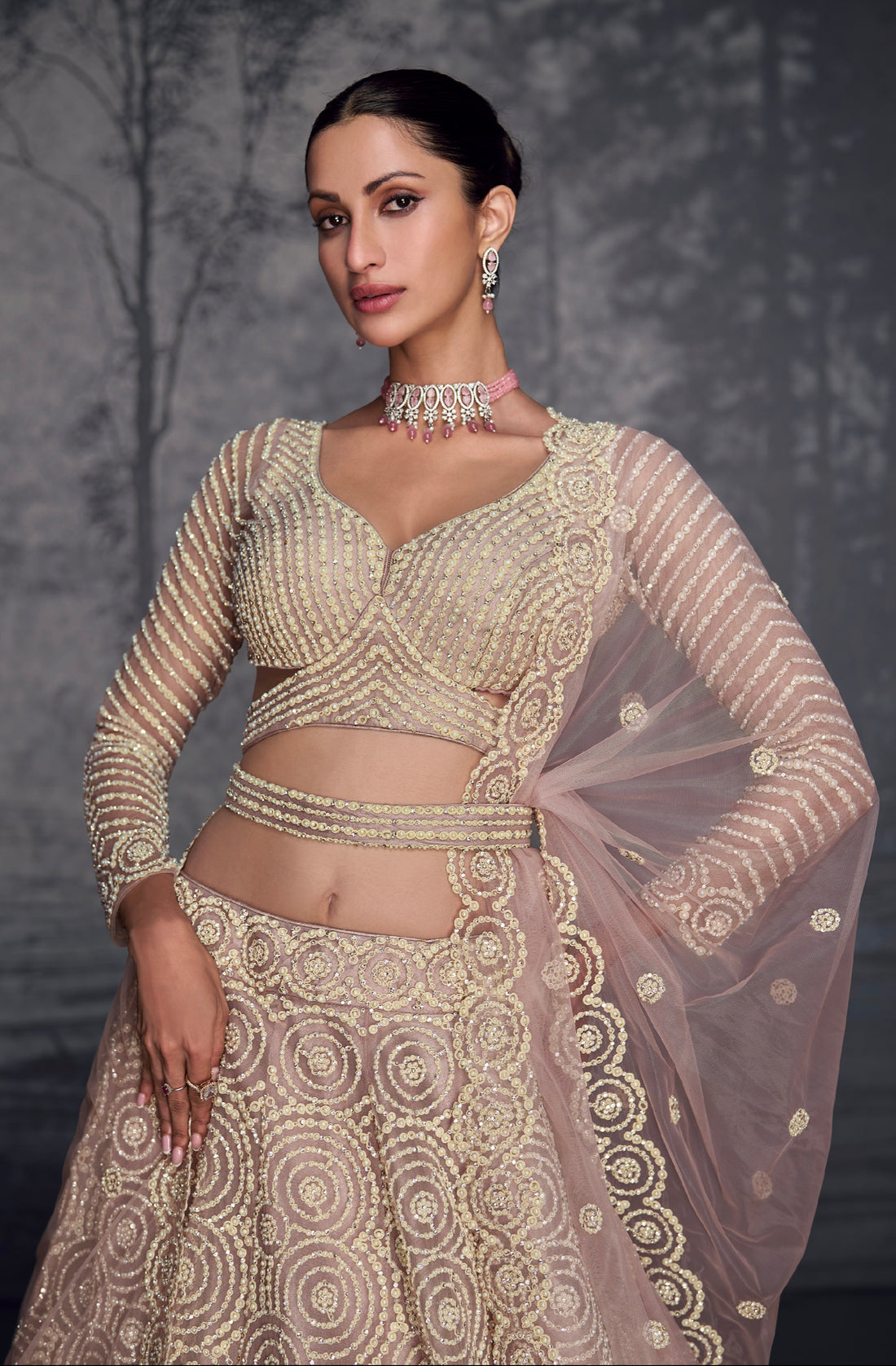 Champagne Gold Embroidered Net Lehenga with Moti & Seroski Diamonds