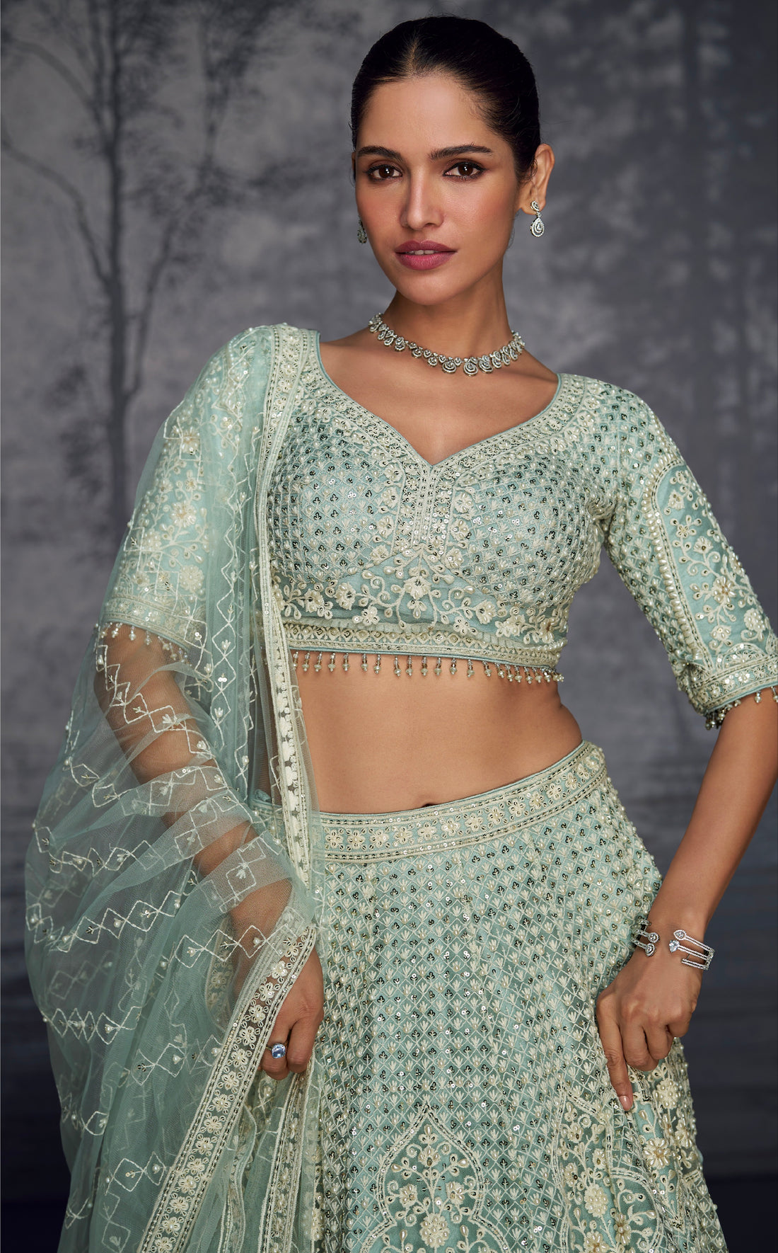 Mint Green Embroidered Net Lehenga with Handcrafted Diamonds