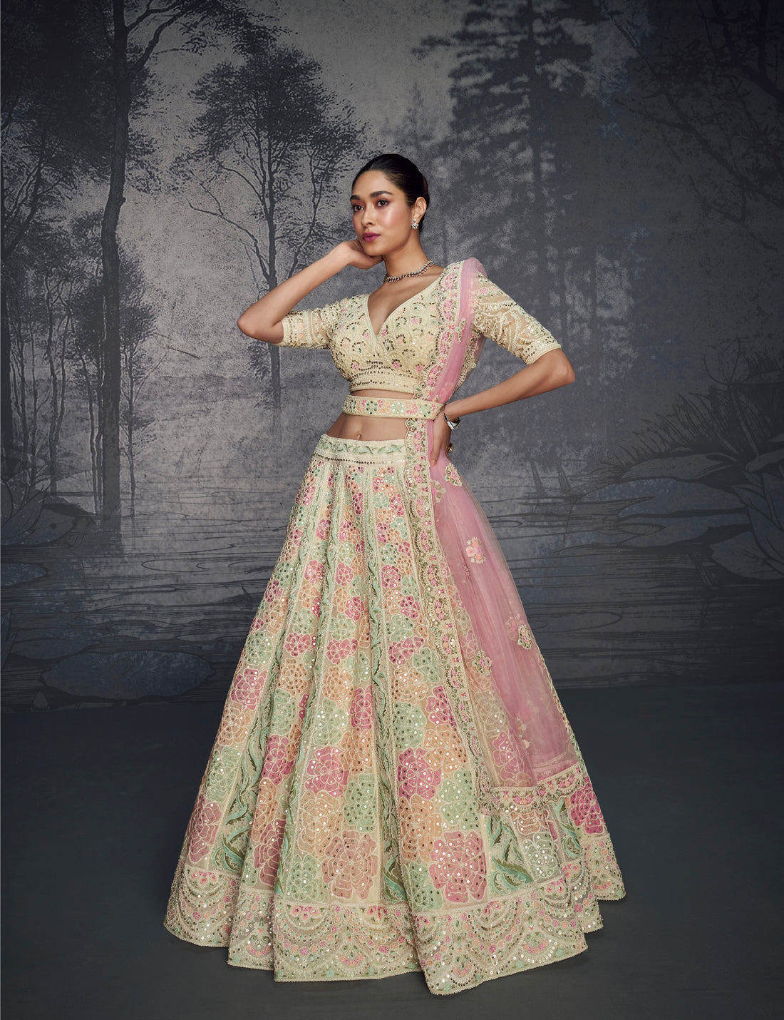 Pastel Pink & Mint Floral Embroidered Net Lehenga with Pink Dupatta