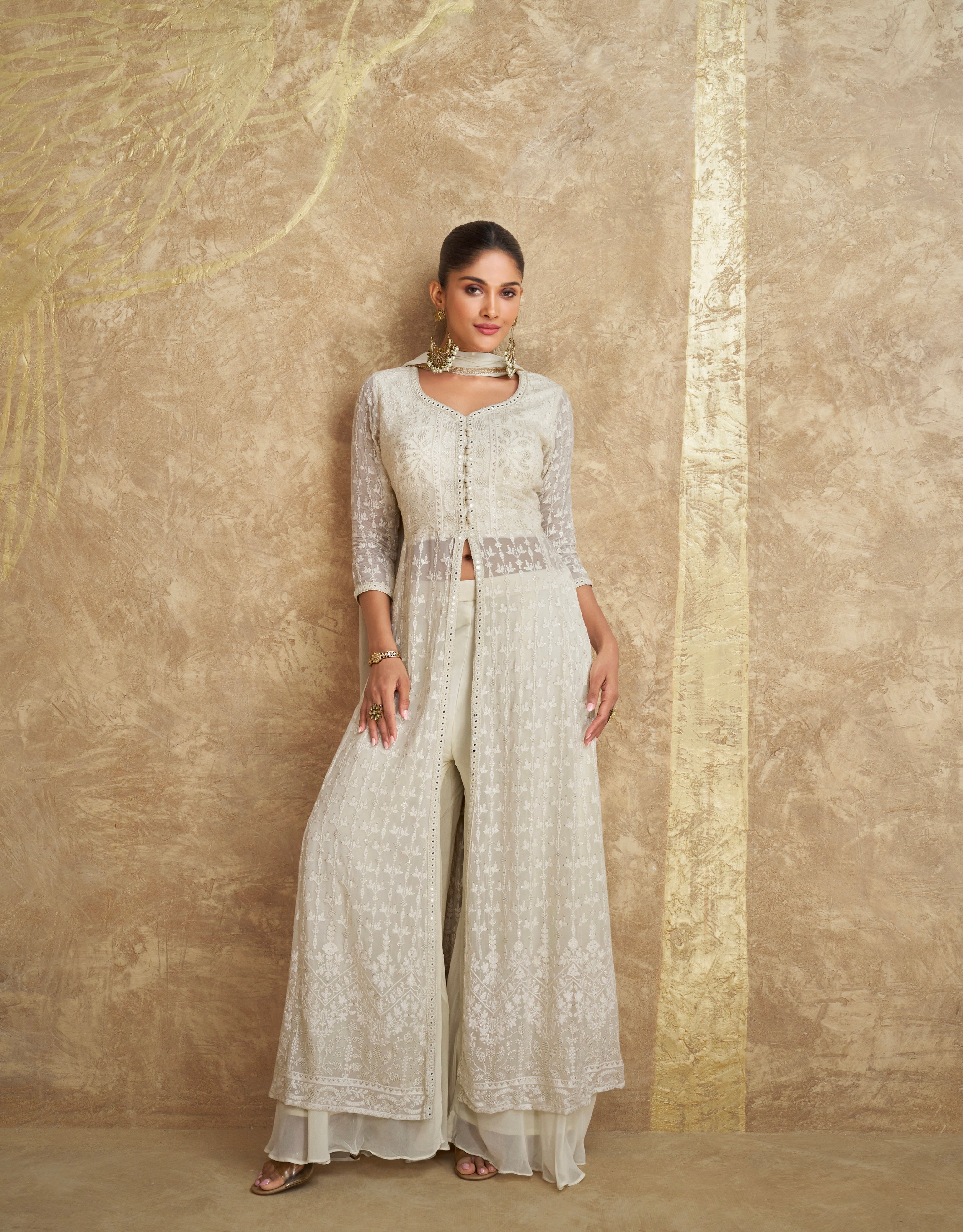 Classic White Georgette Embroidered Palazzo Suit Set