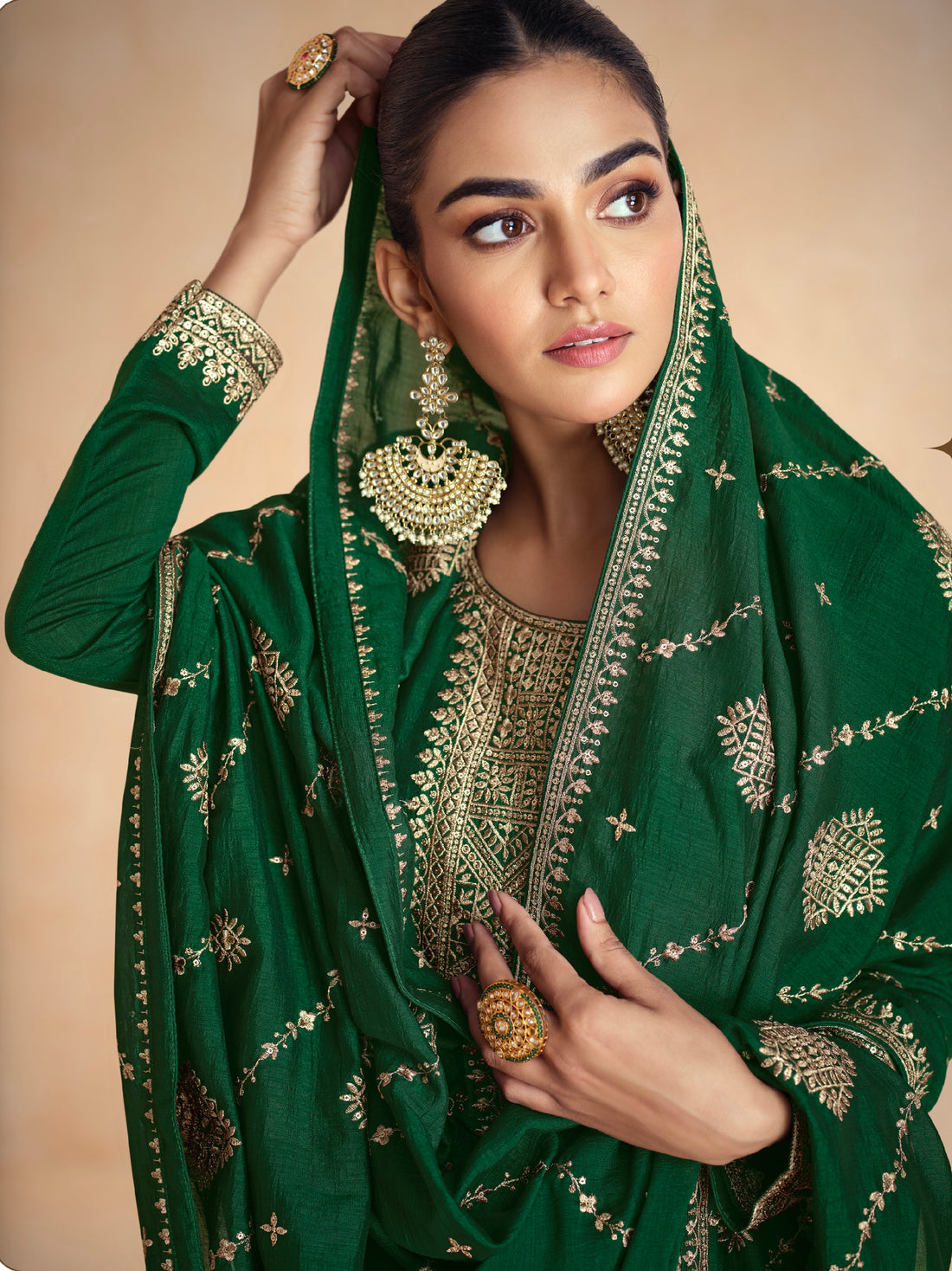 Forest Green Designer Anarkali Suit with Embroidered Silk Dupatta