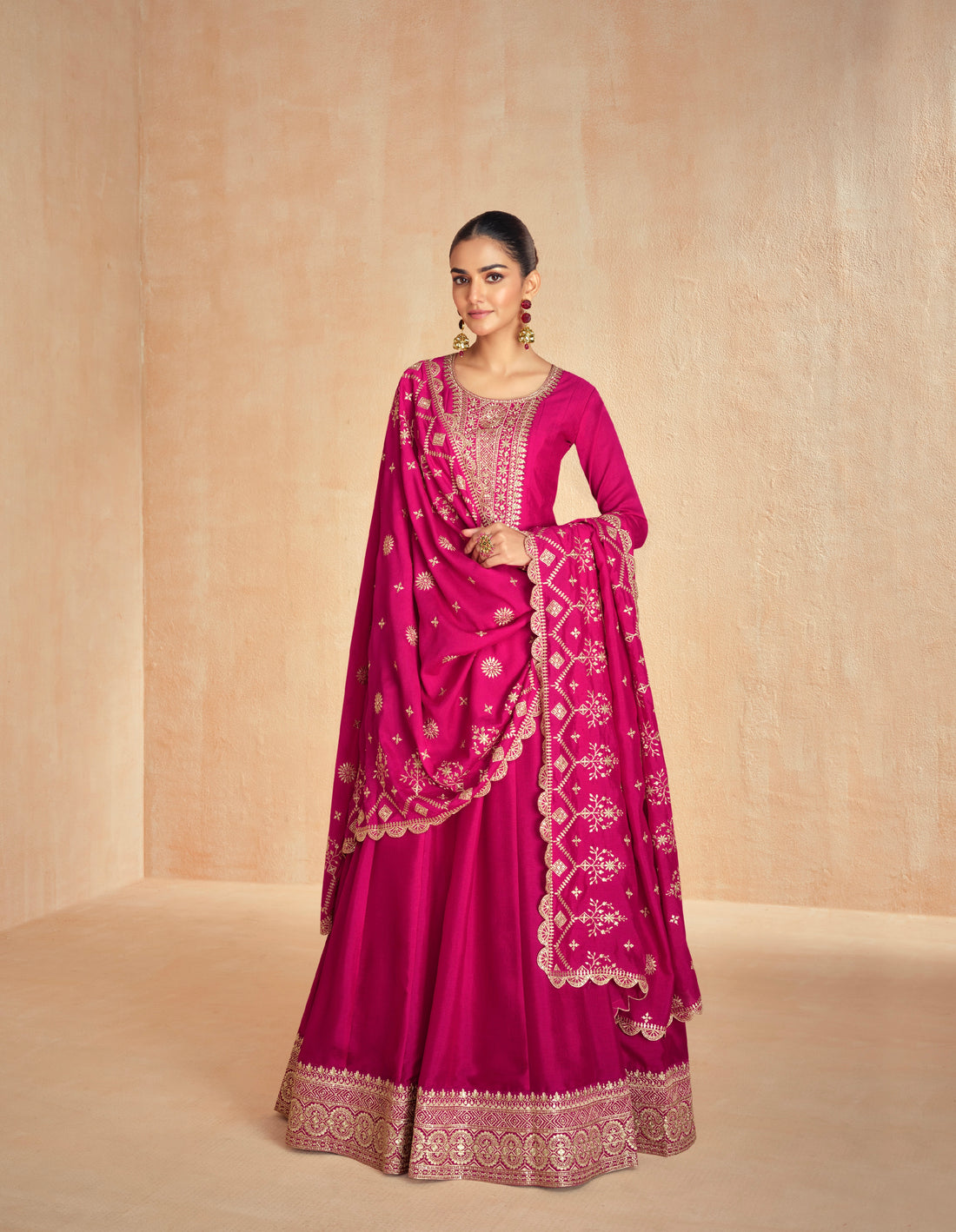 Pink Anarkali Suit in Premium Silk with Golden Embroidered Dupatta