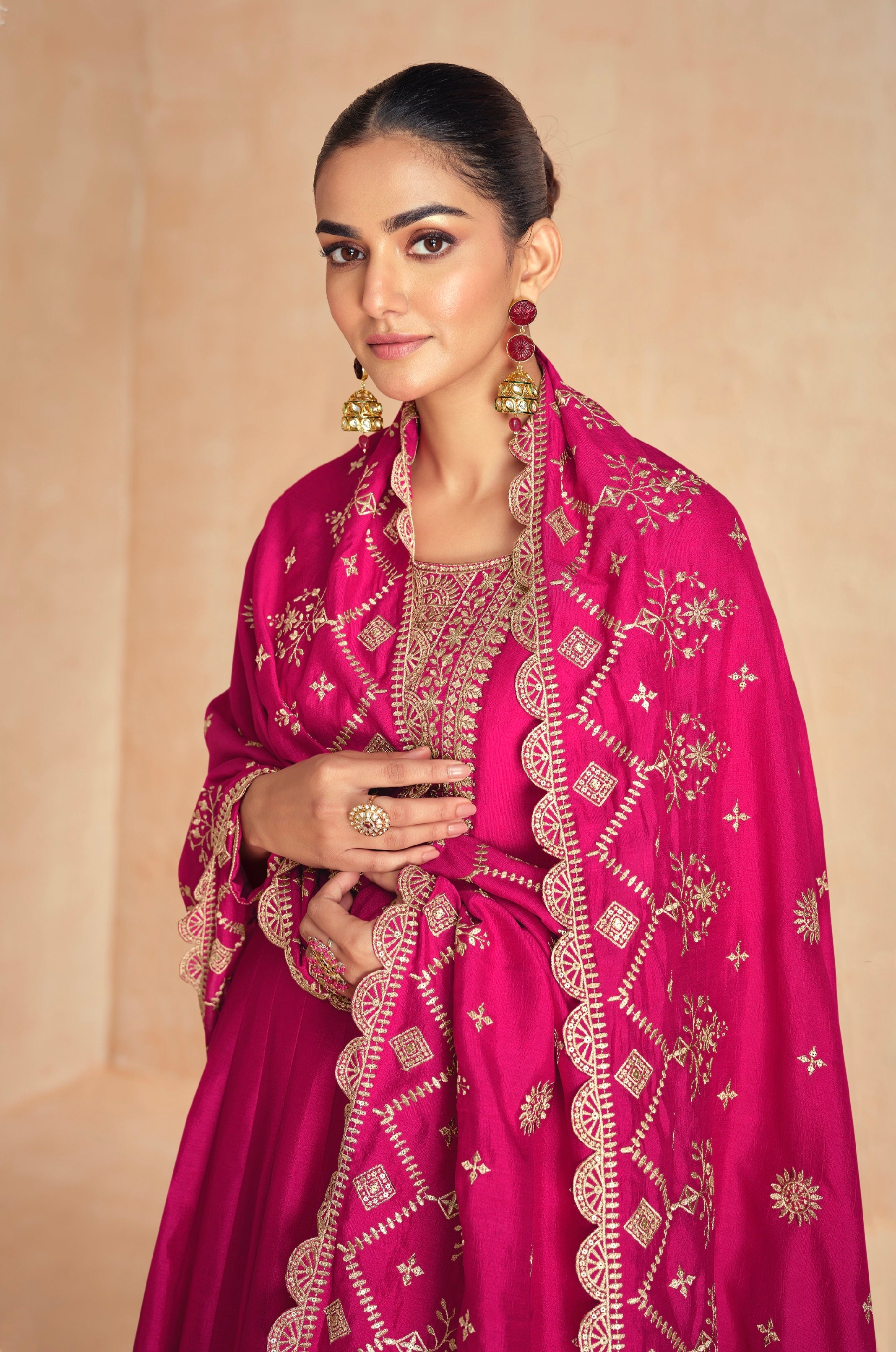 Pink Anarkali Suit in Premium Silk with Golden Embroidered Dupatta