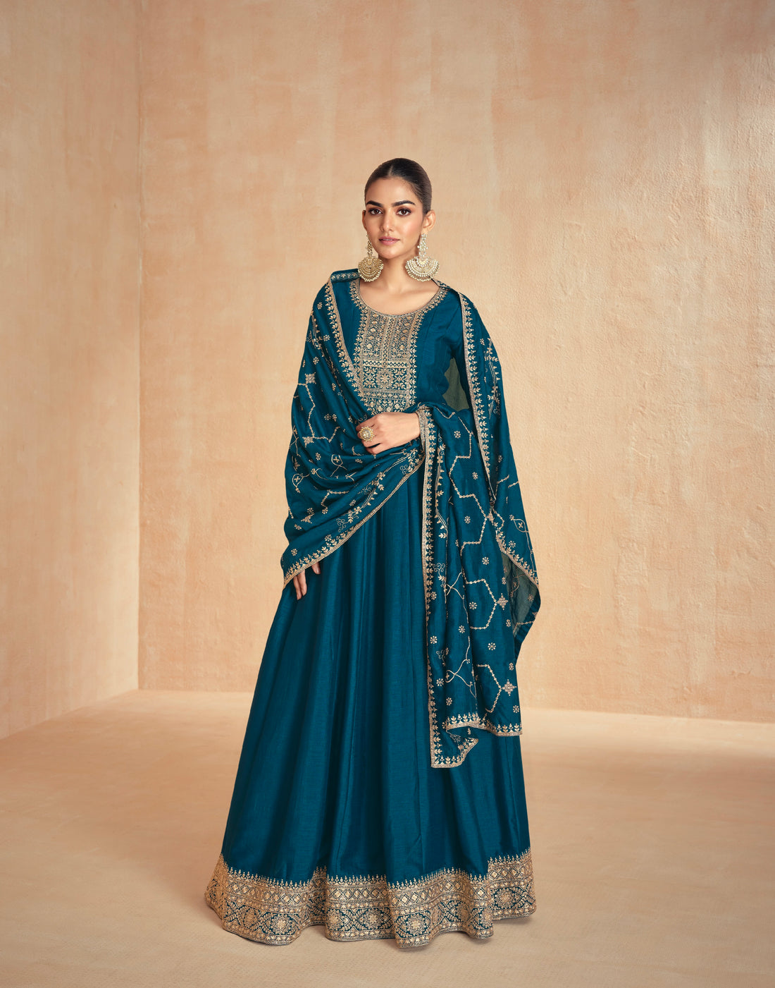 Teal Blue Silk Anarkali Suit with Embroidered Dupatta