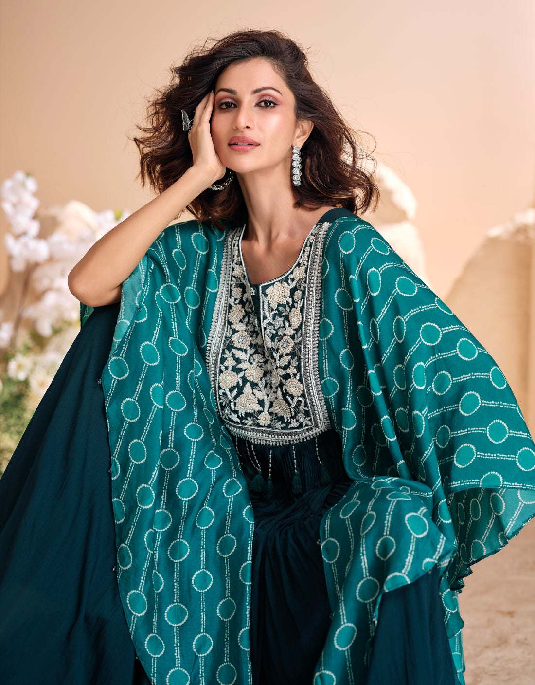 Teal Green Chinon Silk Gown with Hand Moti Embroidery